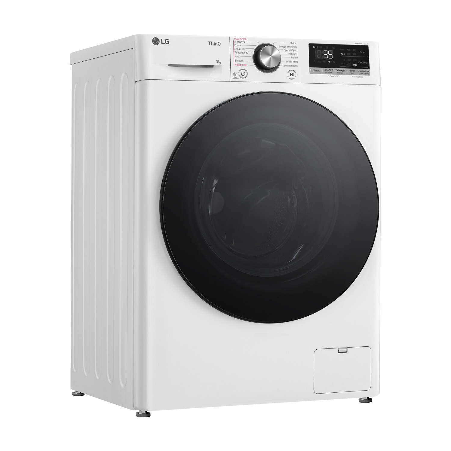 Lavatrice LG bianca con porta e pannello comandi neri, su sfondo bianco.