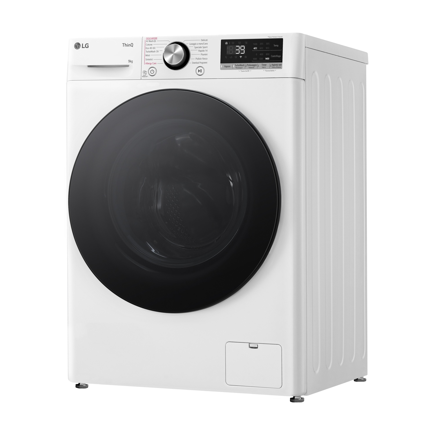 Lavatrice LG bianca. Ha una porta nera, un pannello di controllo e un piccolo scomparto.
