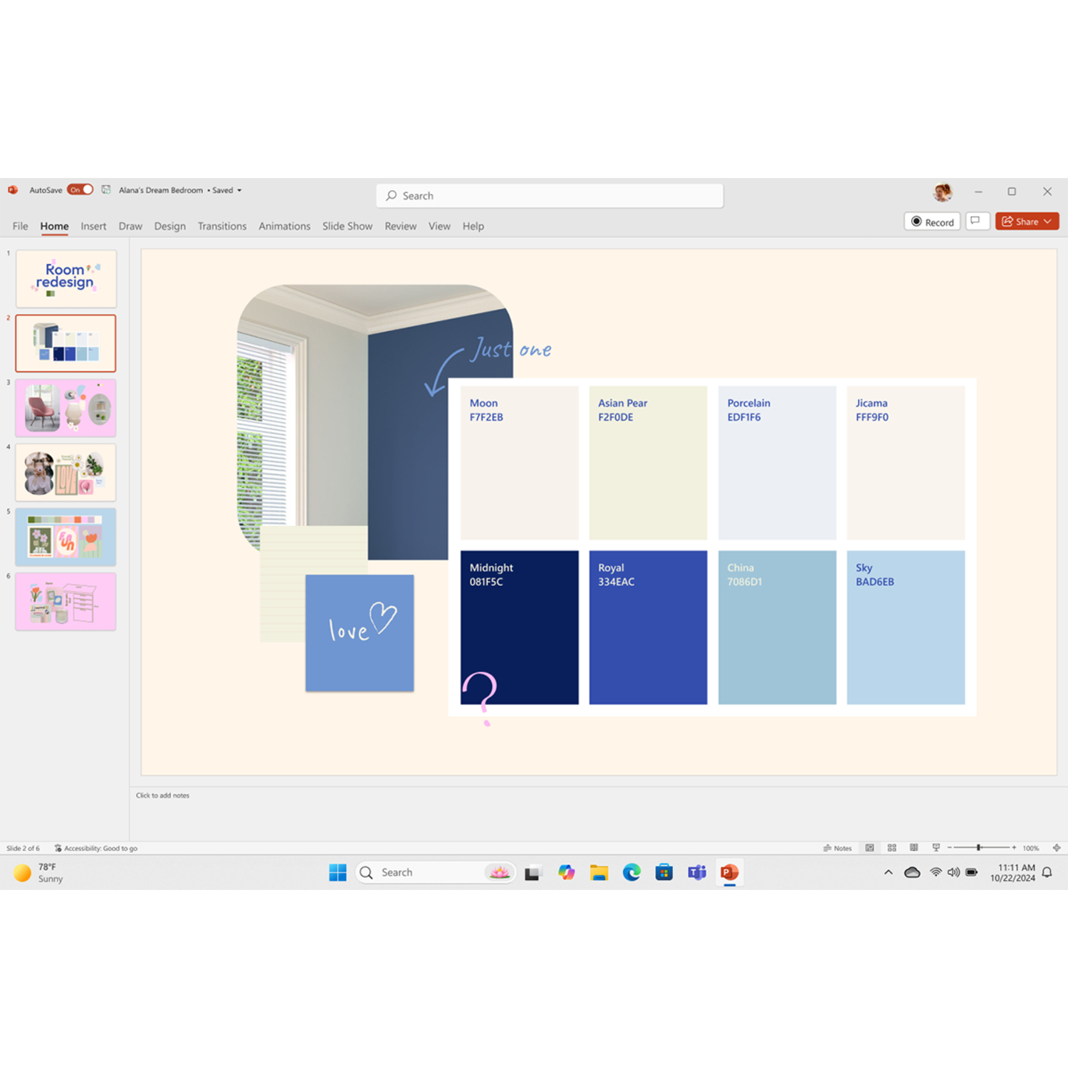 PowerPoint presentation on a screen, color palette and design ideas visible, light background.