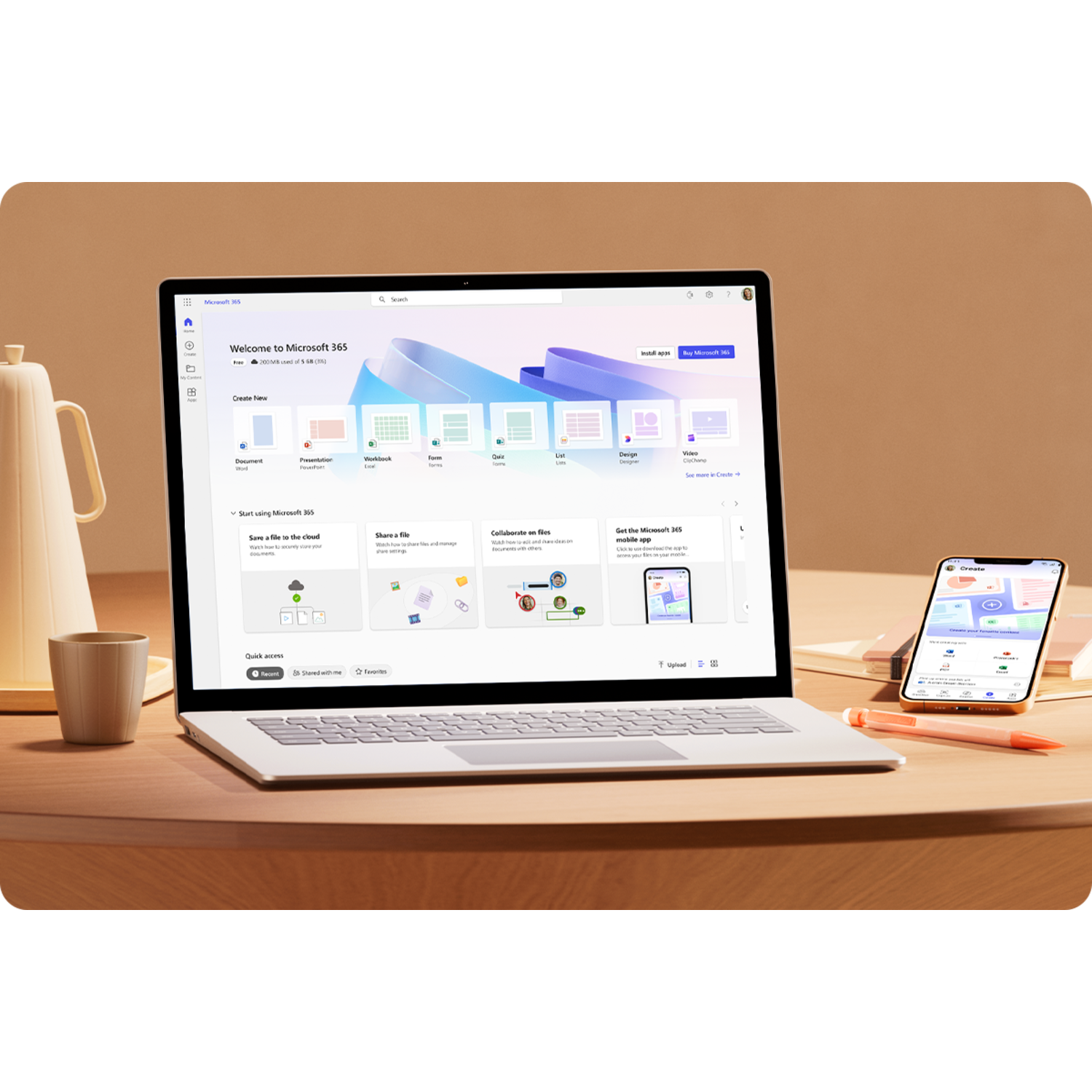 A laptop on a wooden table, displaying the Microsoft 365 interface, along with a phone.