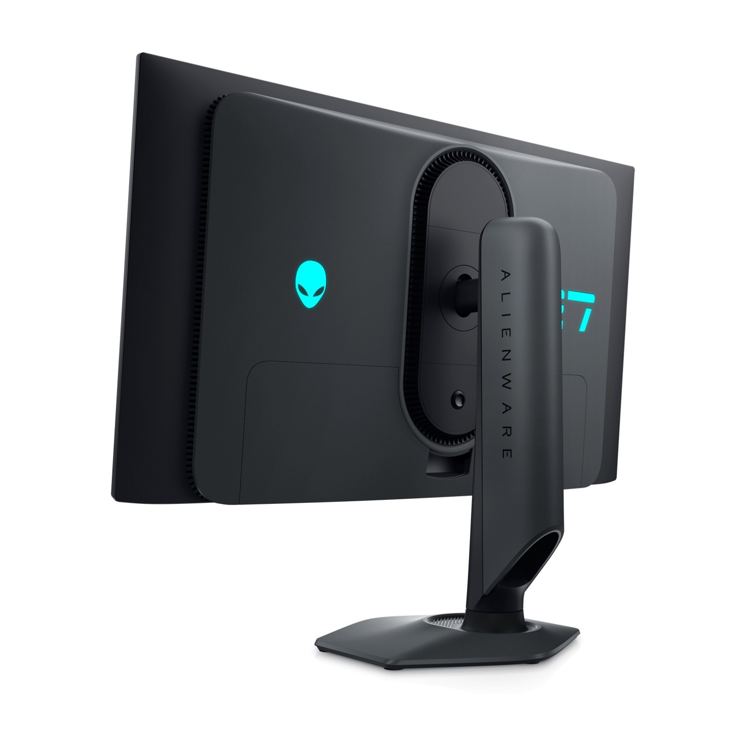 Vista posteriore di un monitor Alienware nero, con supporto e logo testa aliena.