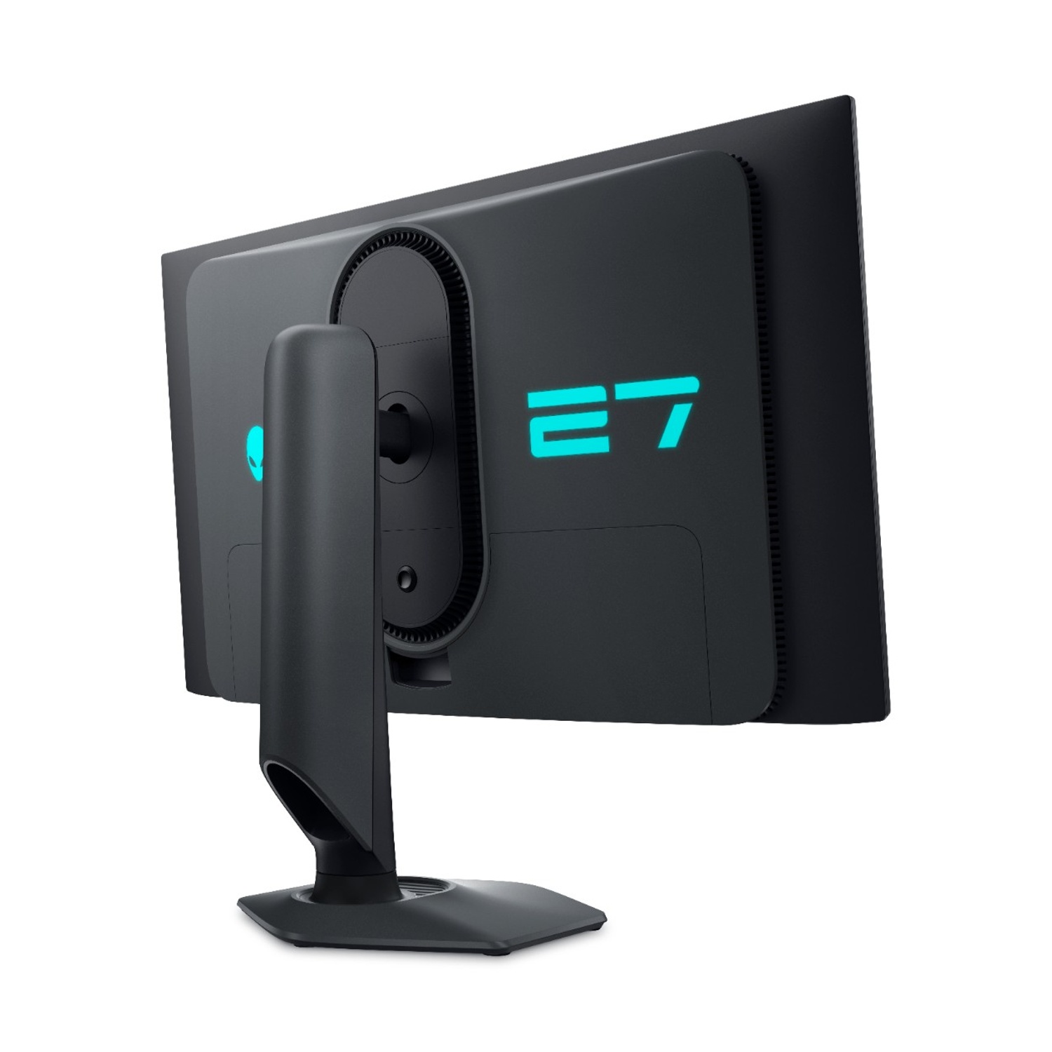 Vista posteriore di un monitor da gioco nero. Il logo del marchio è sul retro. Il numero 27 è blu.