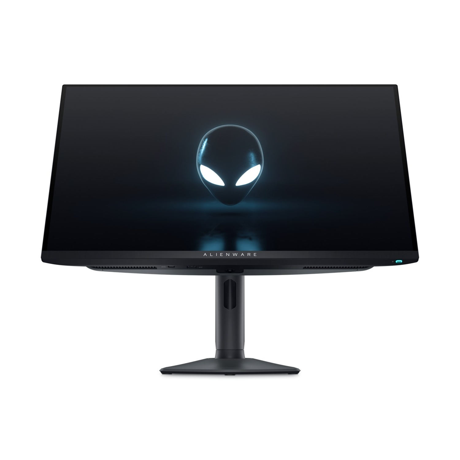 Un monitor Alienware nero mostra un logo stilizzato di testa aliena su sfondo nero.