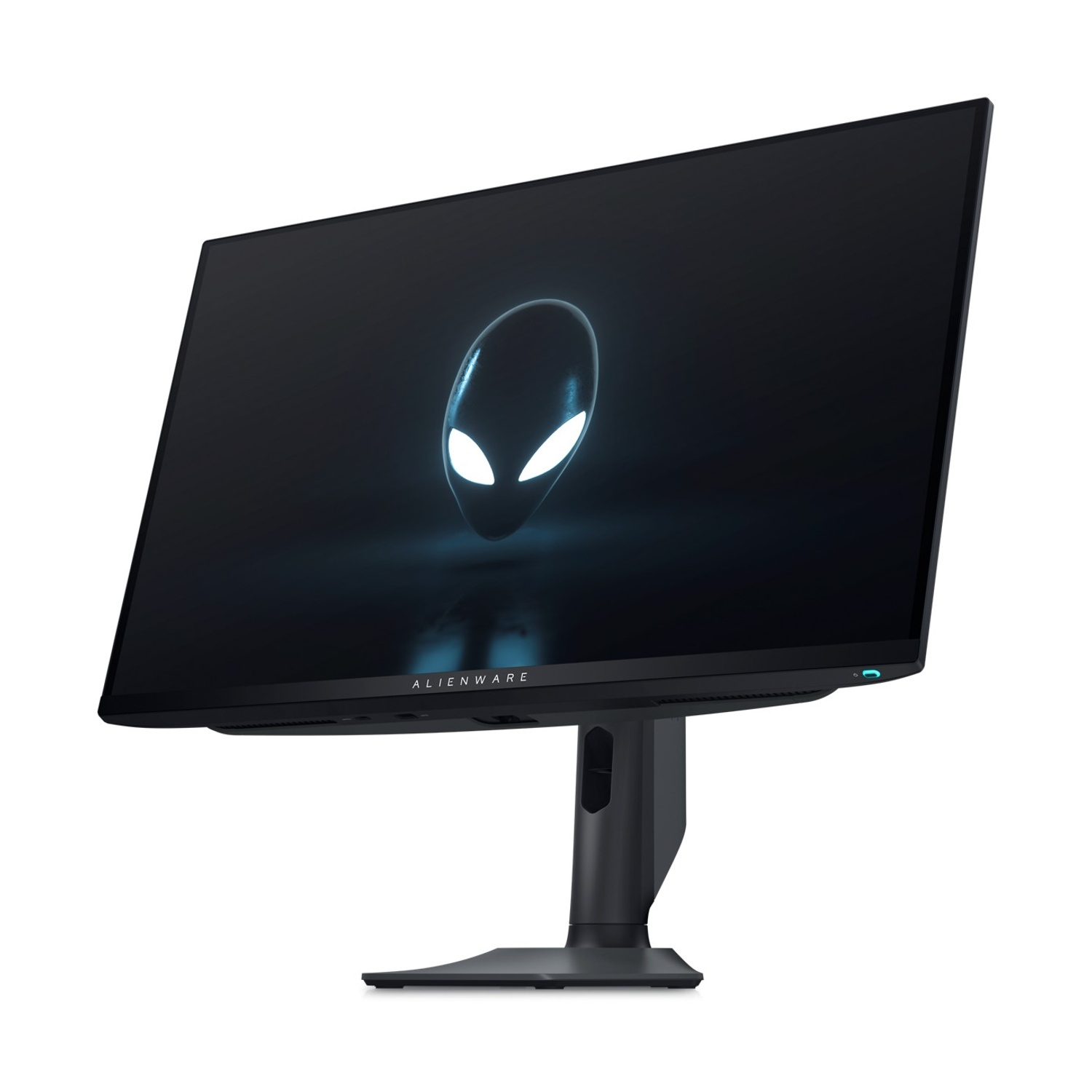 Monitor Alienware. Schermo nero con logo testa aliena bianca. Supporto nero.