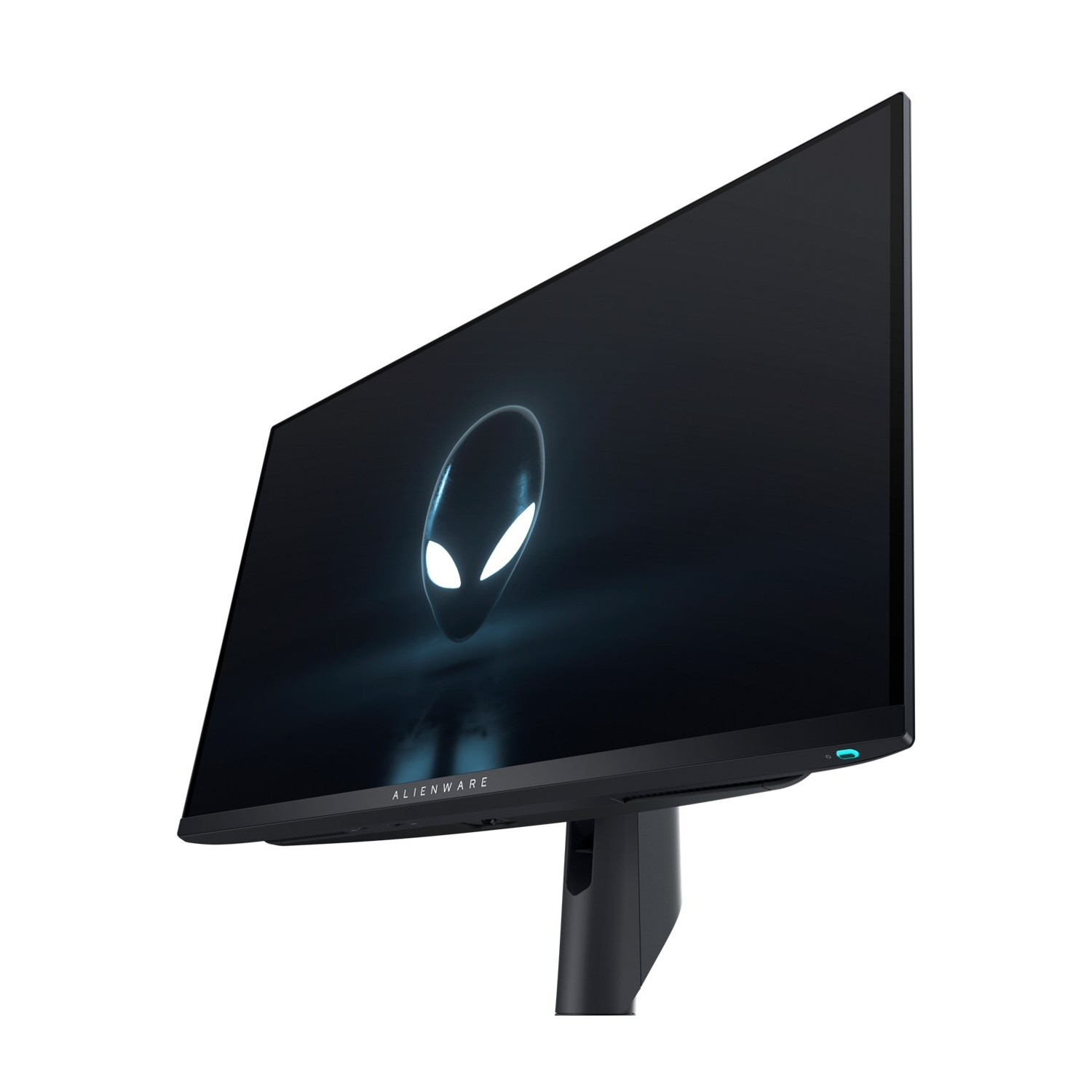 Monitor Alienware, nero con logo testa aliena luminosa, su supporto nero.