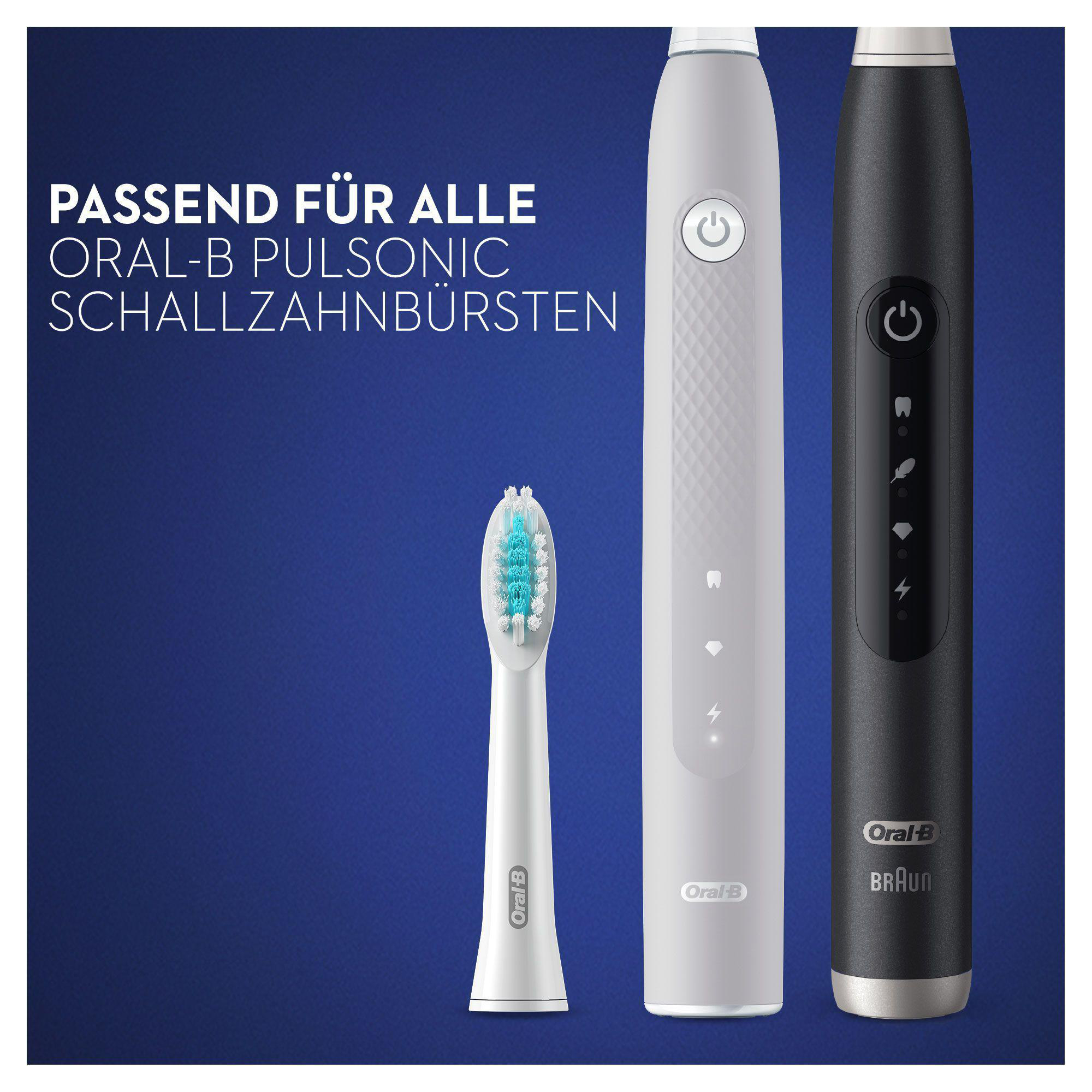 Ein Bild zeigt drei Zahnbürsten und einen Bürstenkopf. Der Text lautet "Oral-B Pulsonic Schallzahnbürsten".