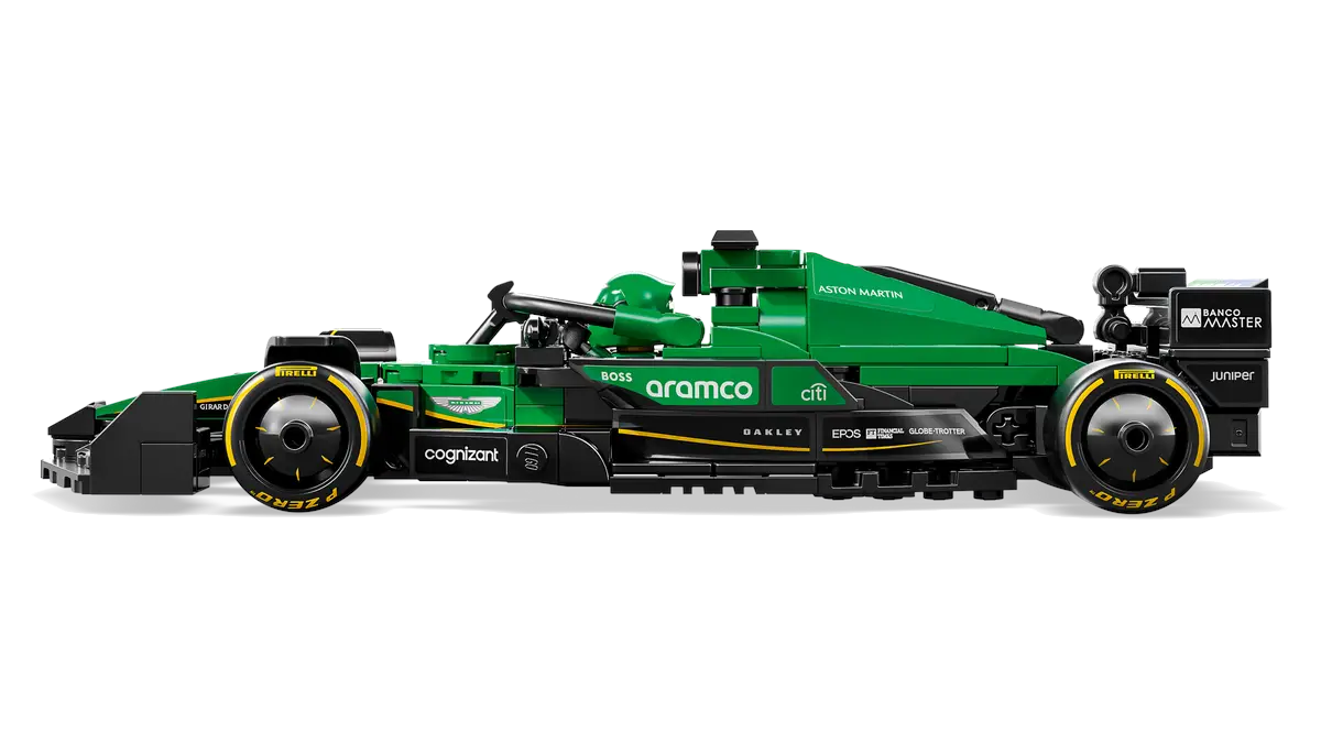 Samochód LEGO Aston Martin F1 w kolorze zielono-czarnym, z logo sponsorów i figurką kierowcy.
