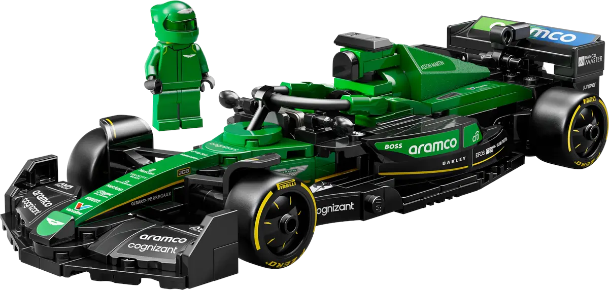 Samochód Lego Aston Martin F1 z figurką kierowcy.