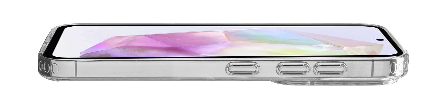 Funda de teléfono transparente, mostrando botones laterales y pantalla del teléfono, sobre fondo negro.