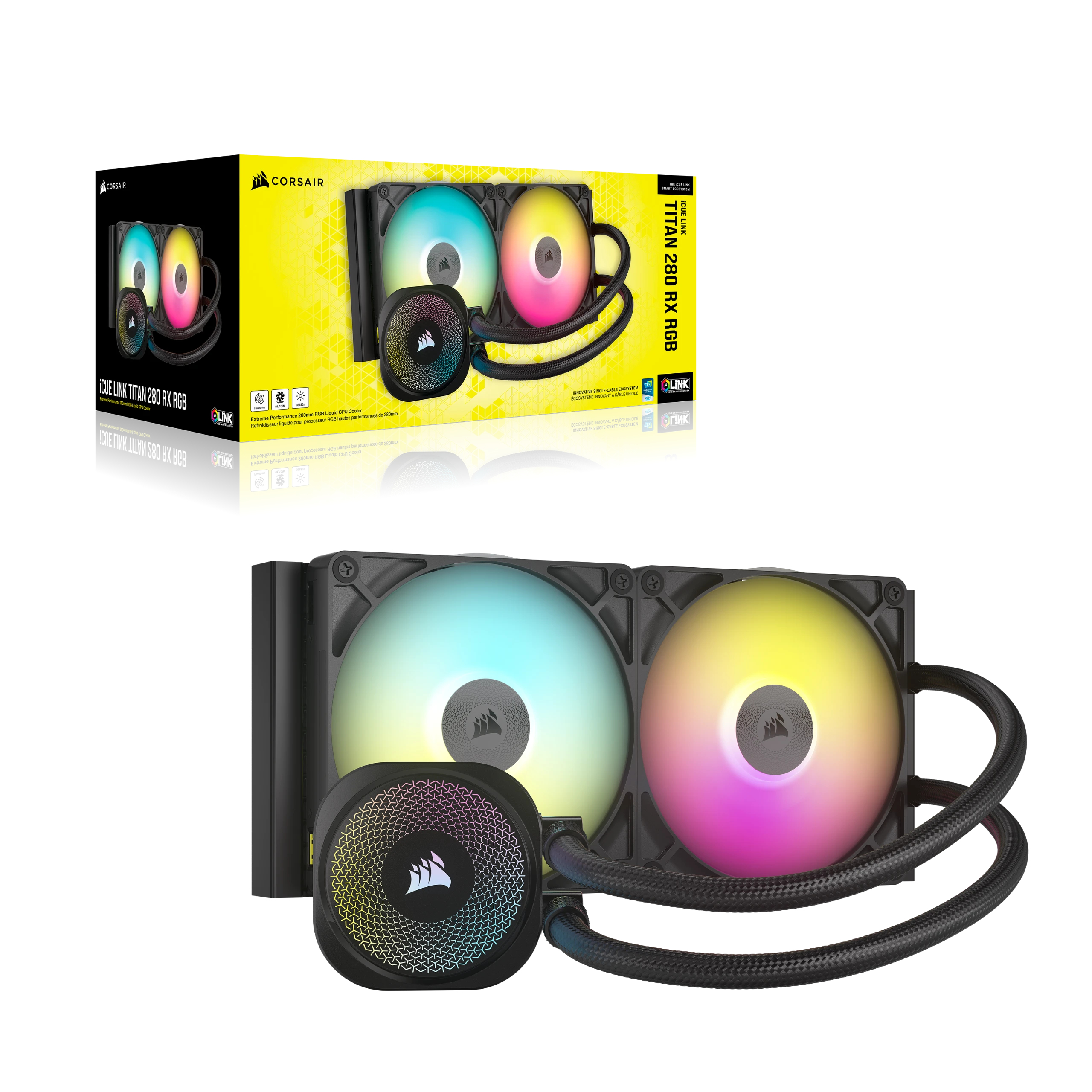 Corsair CPU-Kühlerbox und Kühler. Die Lüfter sind farbenfroh mit schwarzen Schläuchen und einem Radiator.