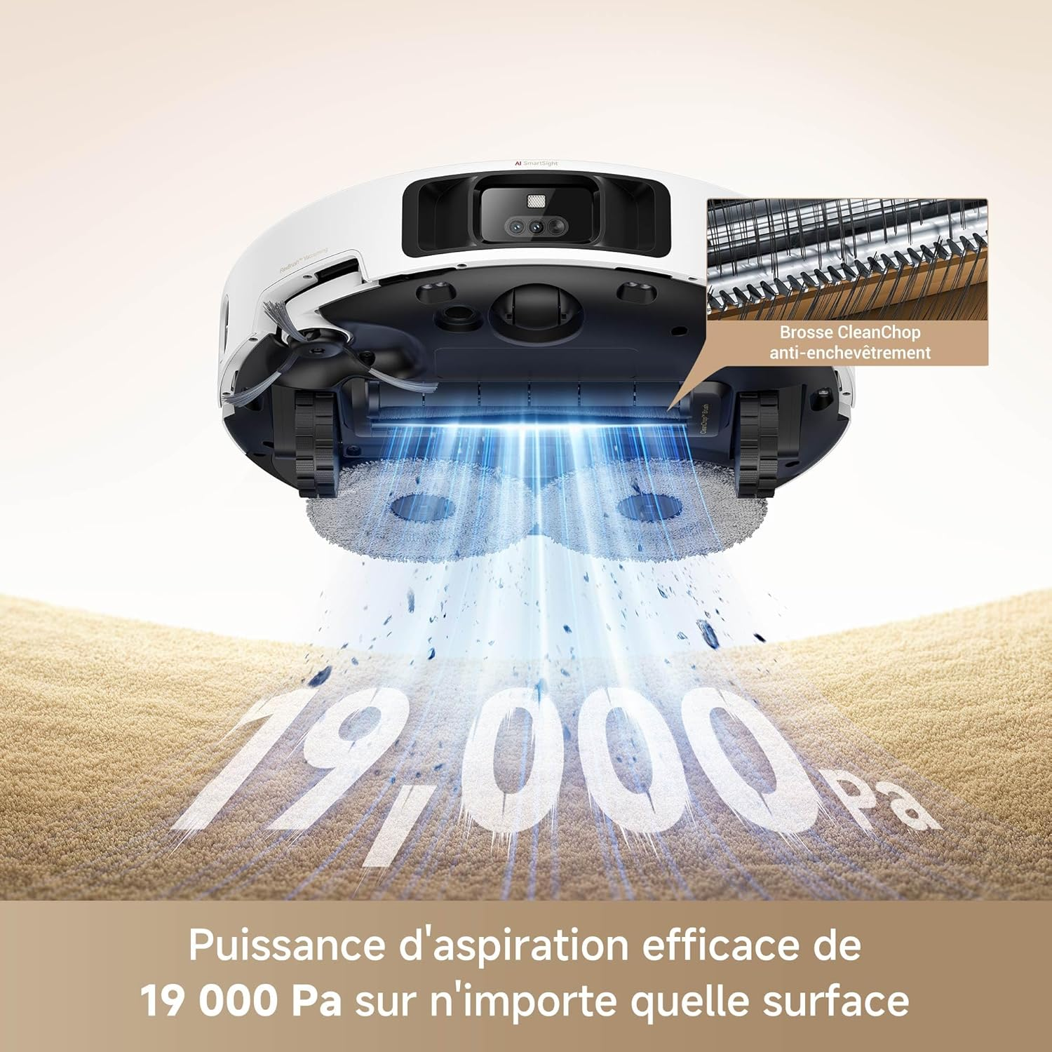 Un robot aspirateur émettant une lumière bleue, avec du texte indiquant une puissance d'aspiration de 19 000 Pa.