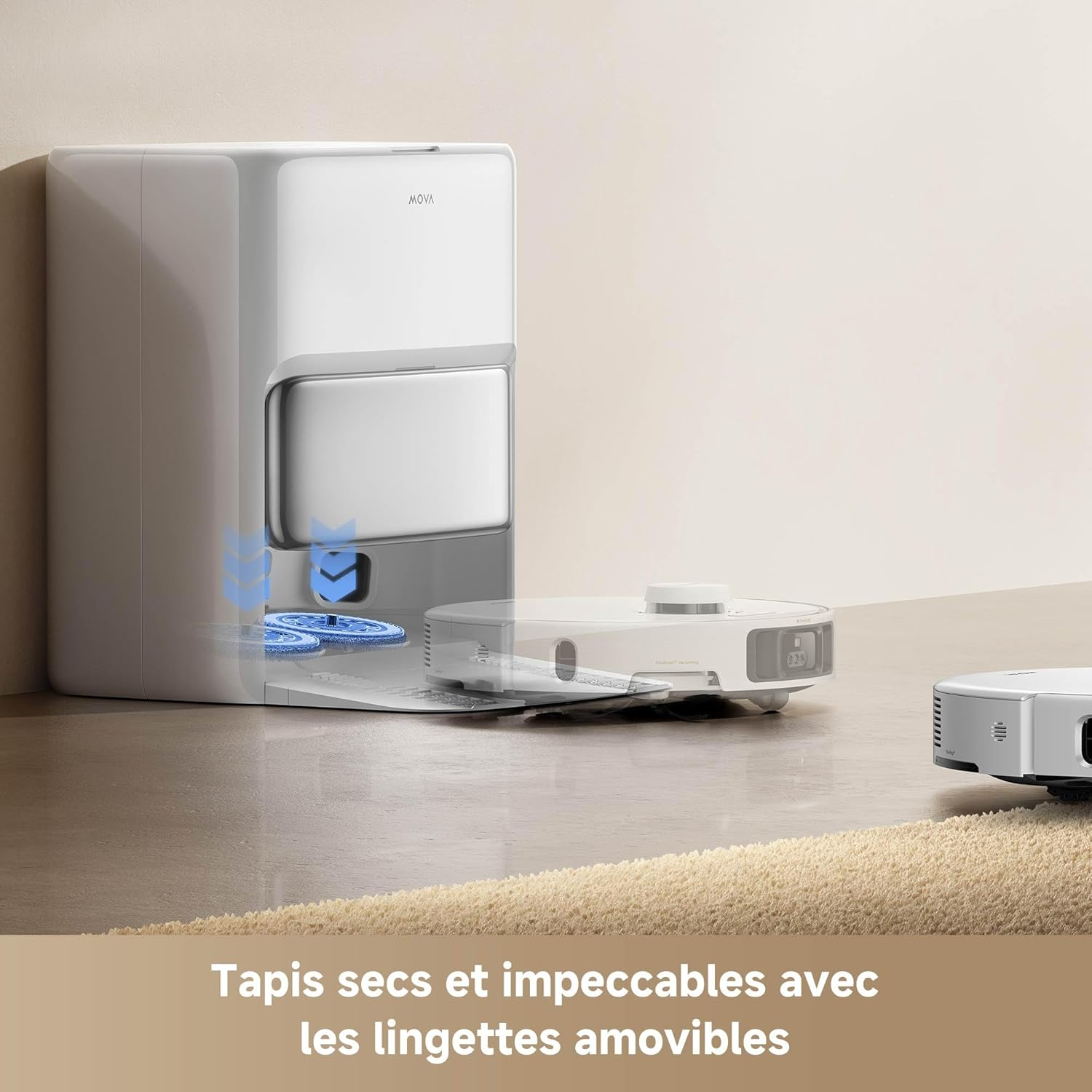 Robot aspirateur nettoyant un tapis, avec station de nettoyage en arrière-plan.