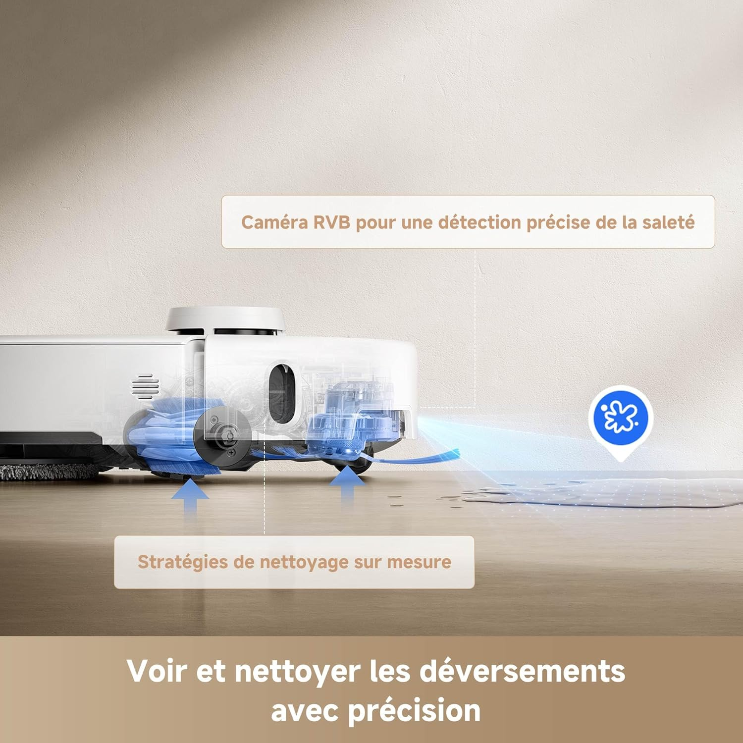 Un humidificateur blanc sur une table, à côté d'une bouteille d'huile. Un filtre bleu est visible.