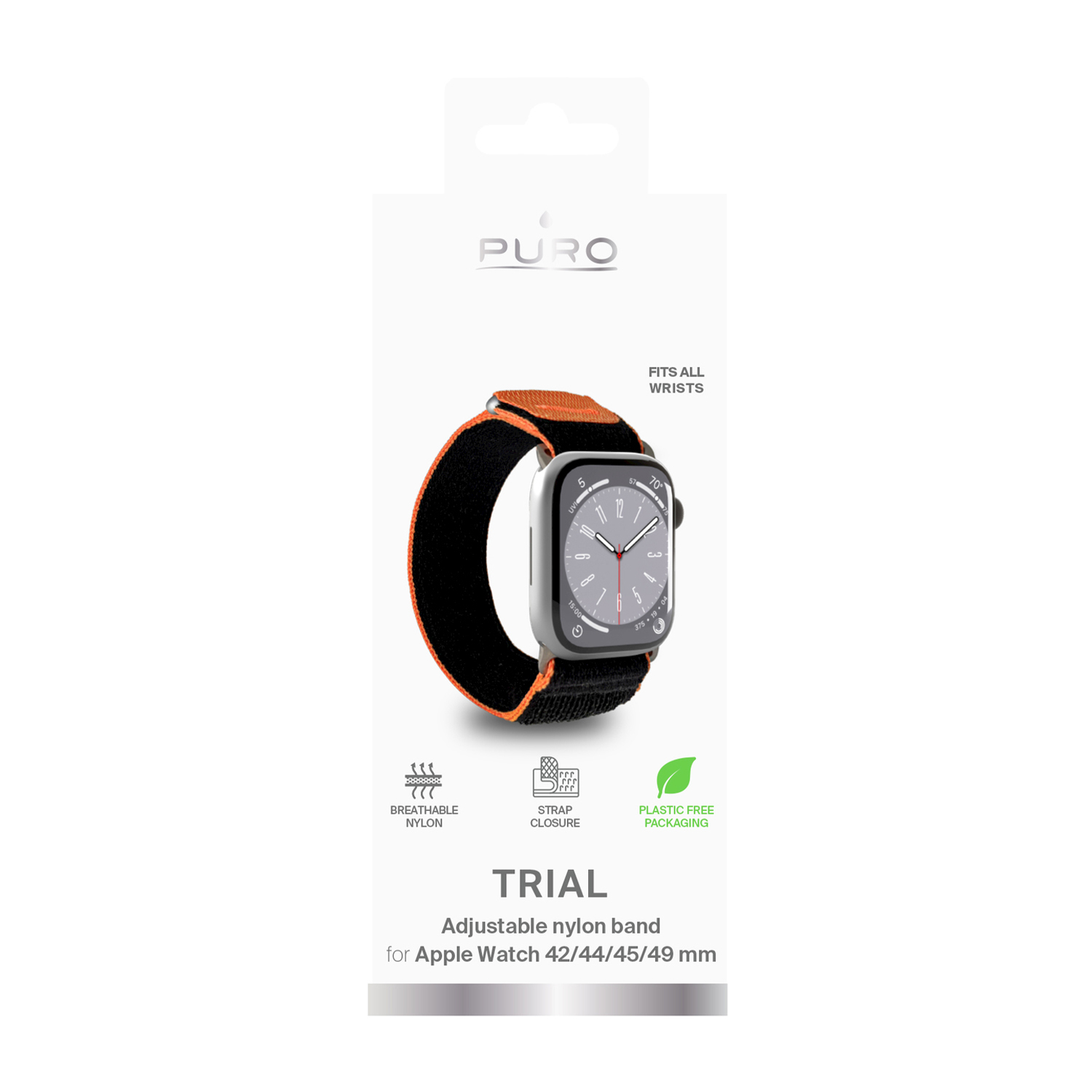 Confezione di un cinturino per Apple Watch, nero con arancione. Include 'Trial' e icone.
