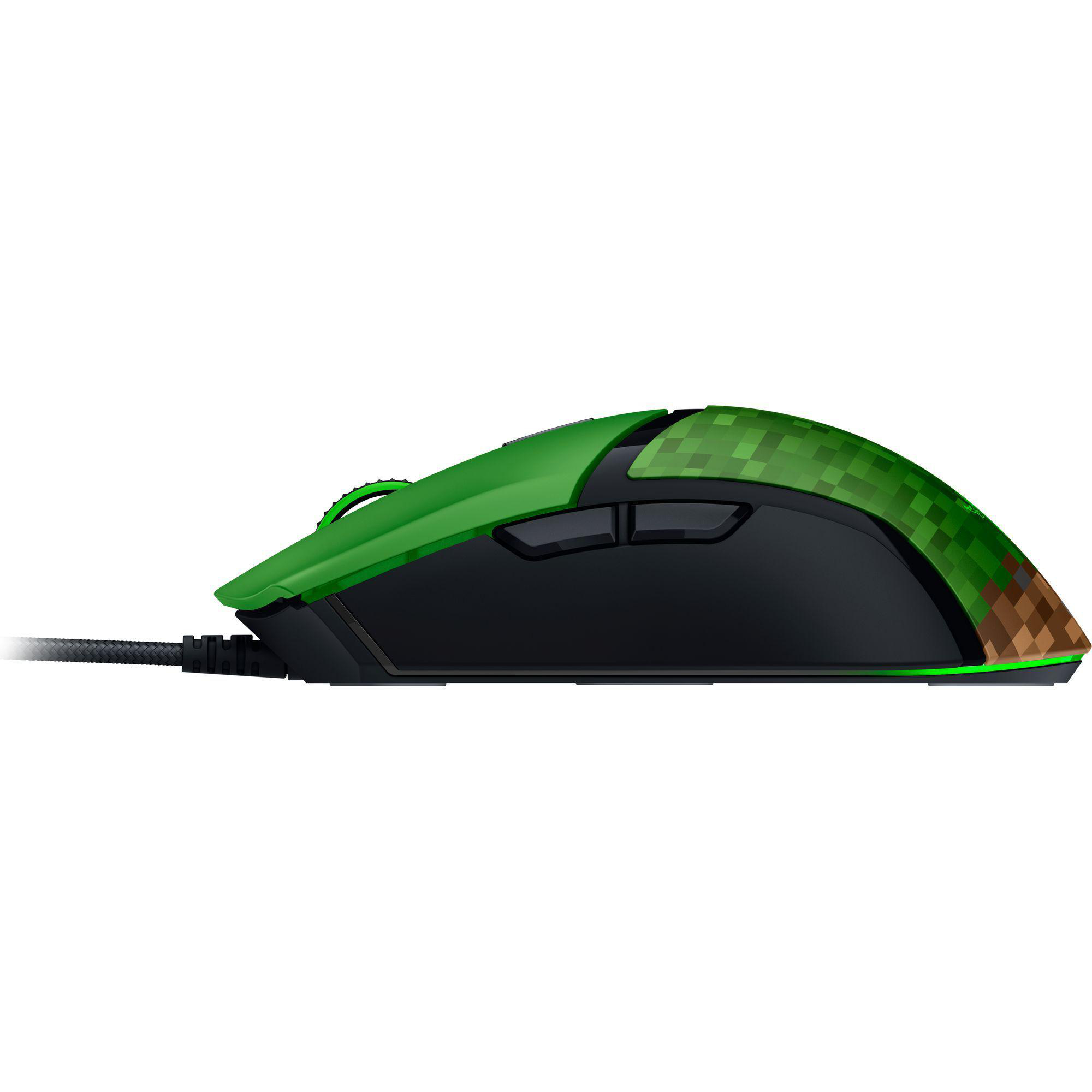 Eine grüne und schwarze Razer Minecraft-Maus mit pixeligem Design und Kabel.