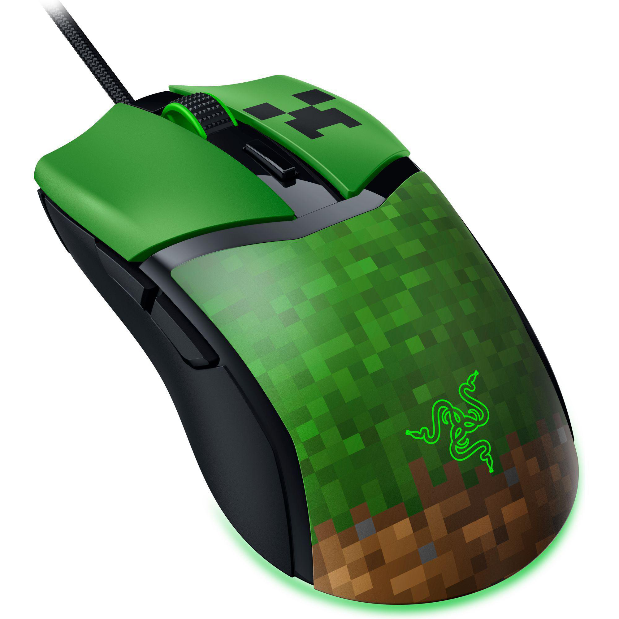 Grüne Razer Minecraft-Maus. Schwarze Akzente, pixeliges Design. Creeper-Logo oben. Grün leuchtende Basis.