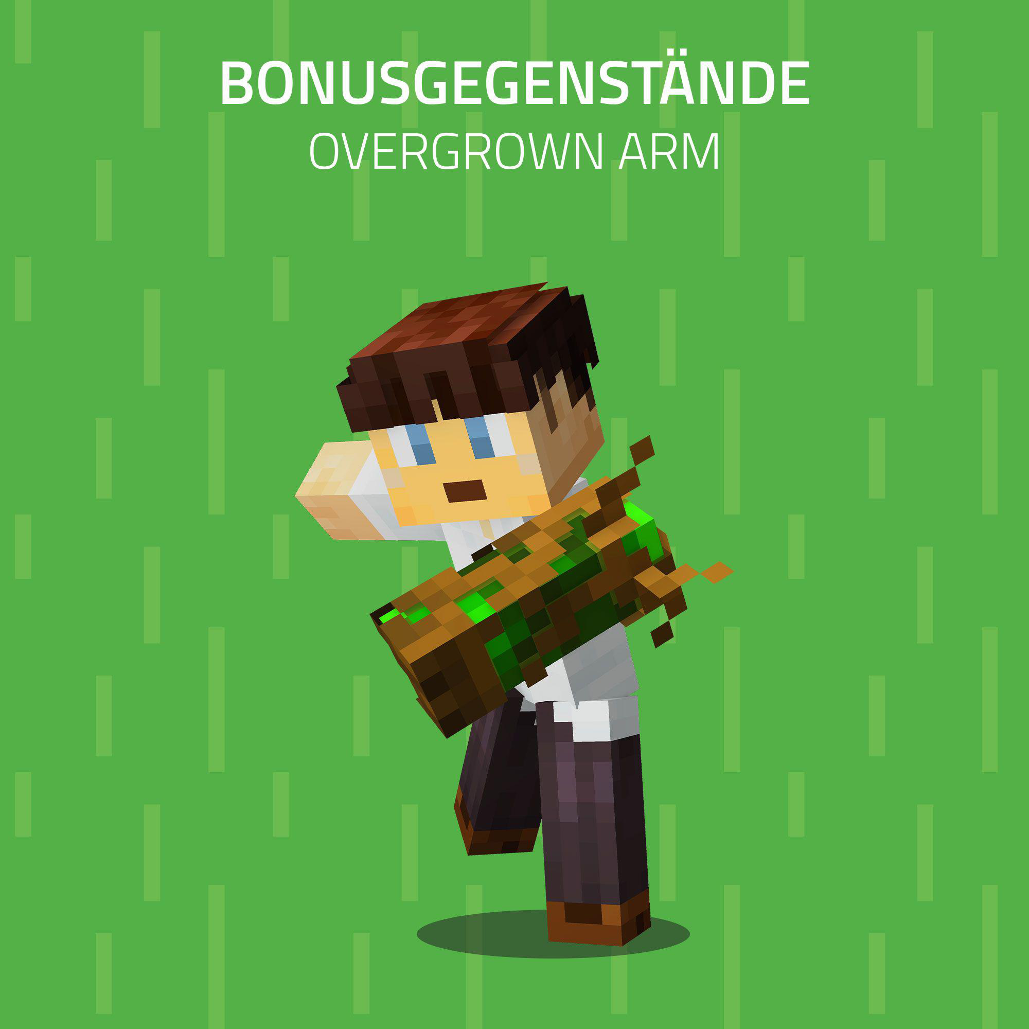 Ein Minecraft-Charakter hält eine Waffe. Der Hintergrund ist grün mit vertikalen Linien und Text.