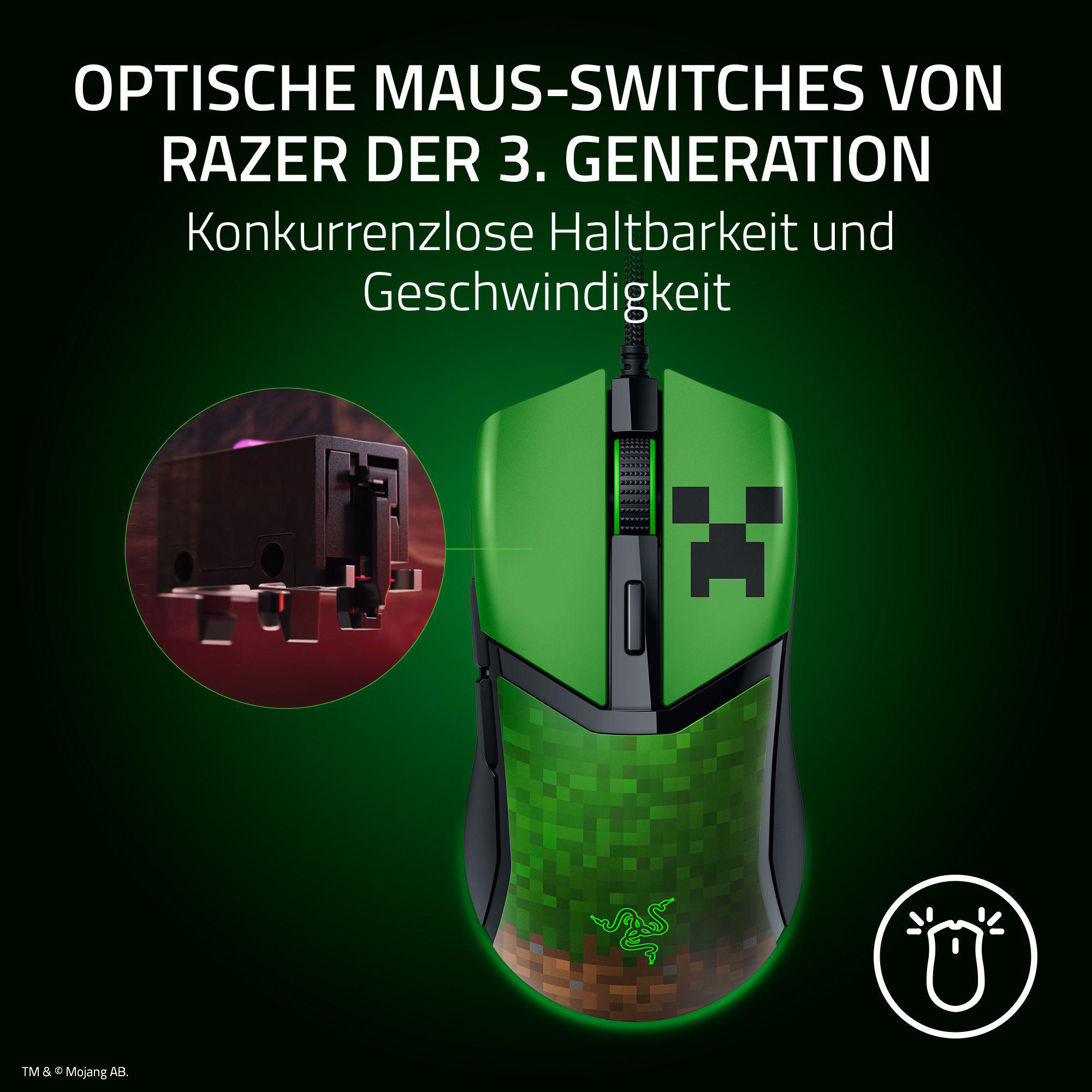 Grüne Minecraft Razer Maus. Sie hat ein pixeliges Design und eine Nahaufnahme der inneren Komponenten.