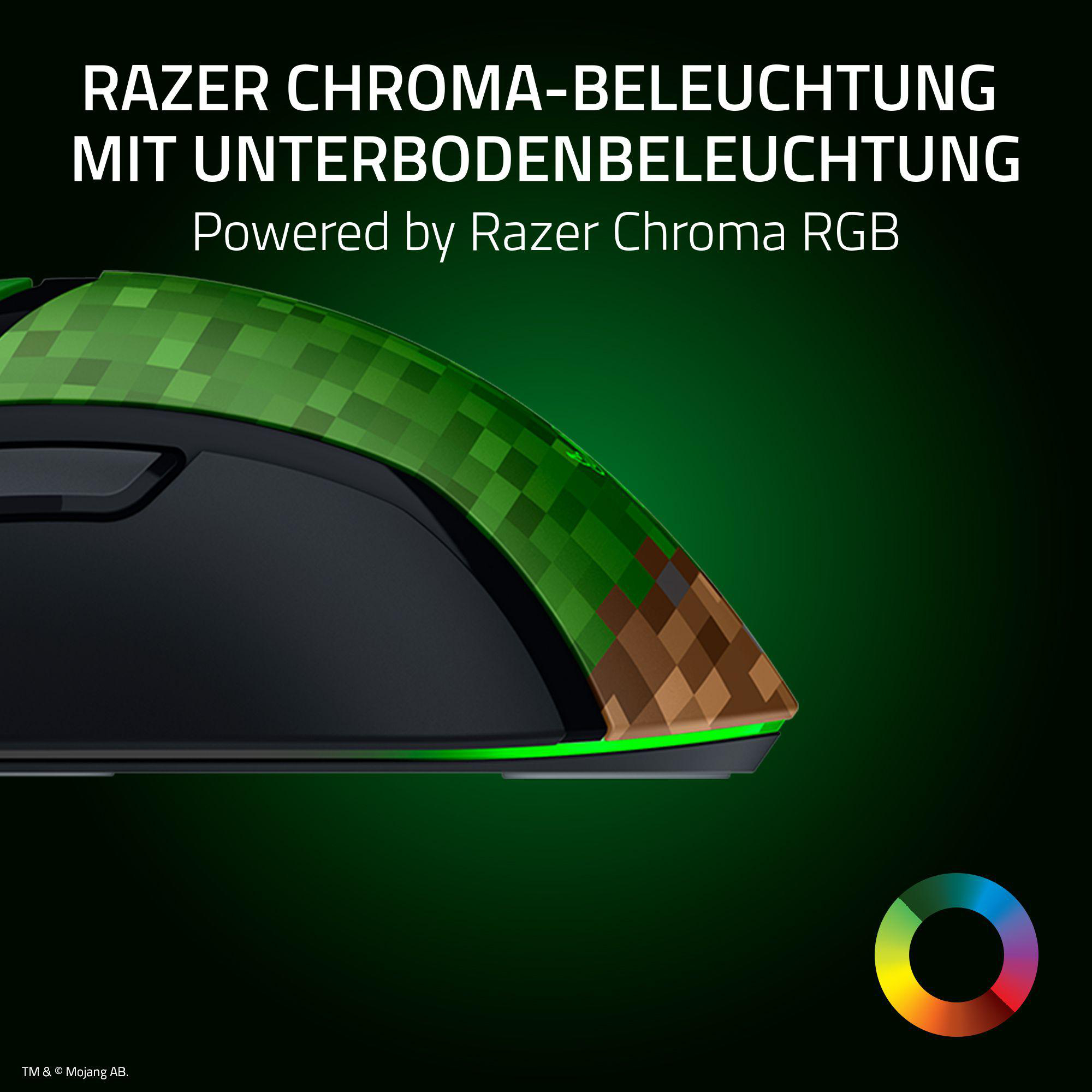 Eine Razer Minecraft-Maus mit grünem Pixel-Design und Chroma-Beleuchtung auf grünem Hintergrund.