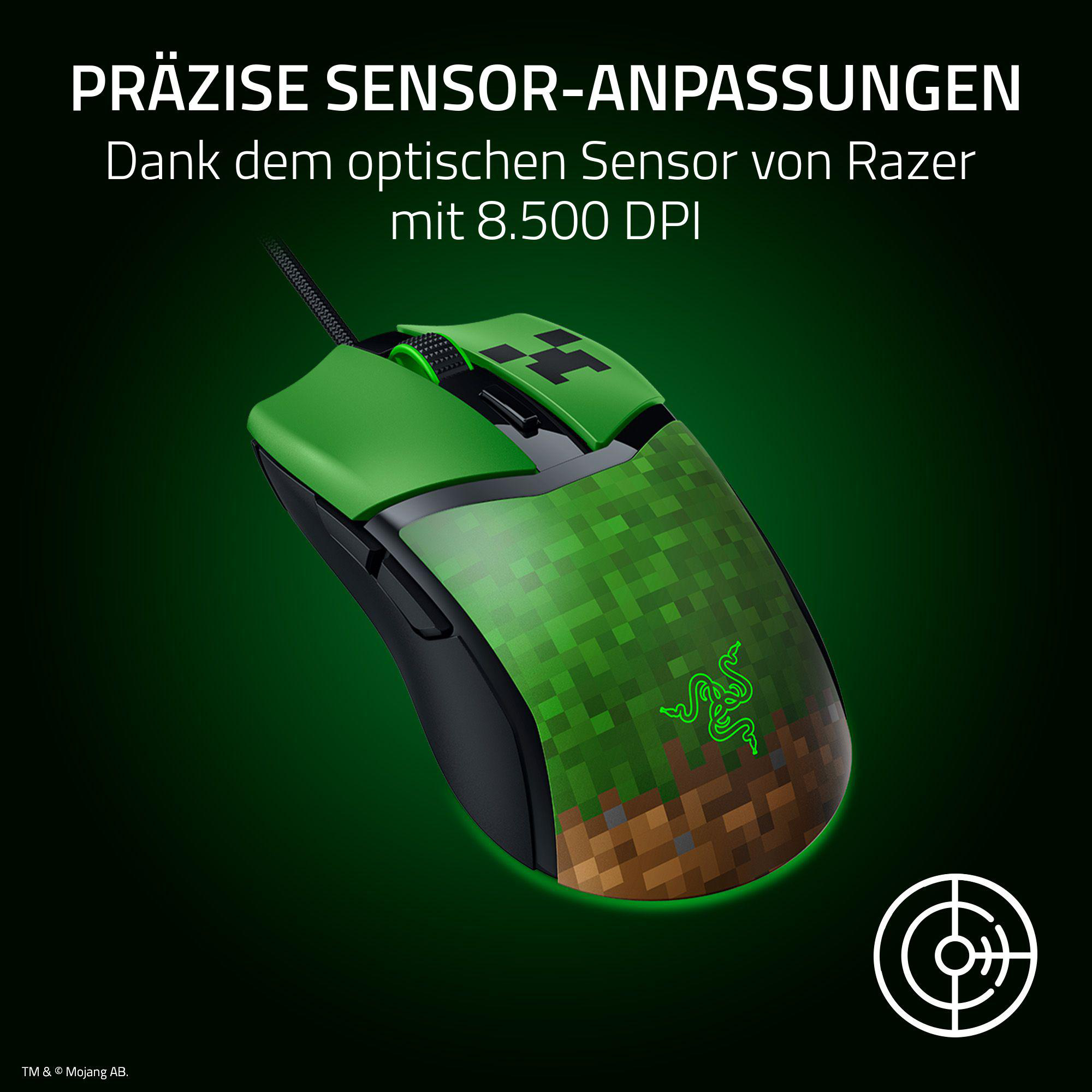 Eine grün-schwarze Gaming-Maus mit Minecraft-Design.