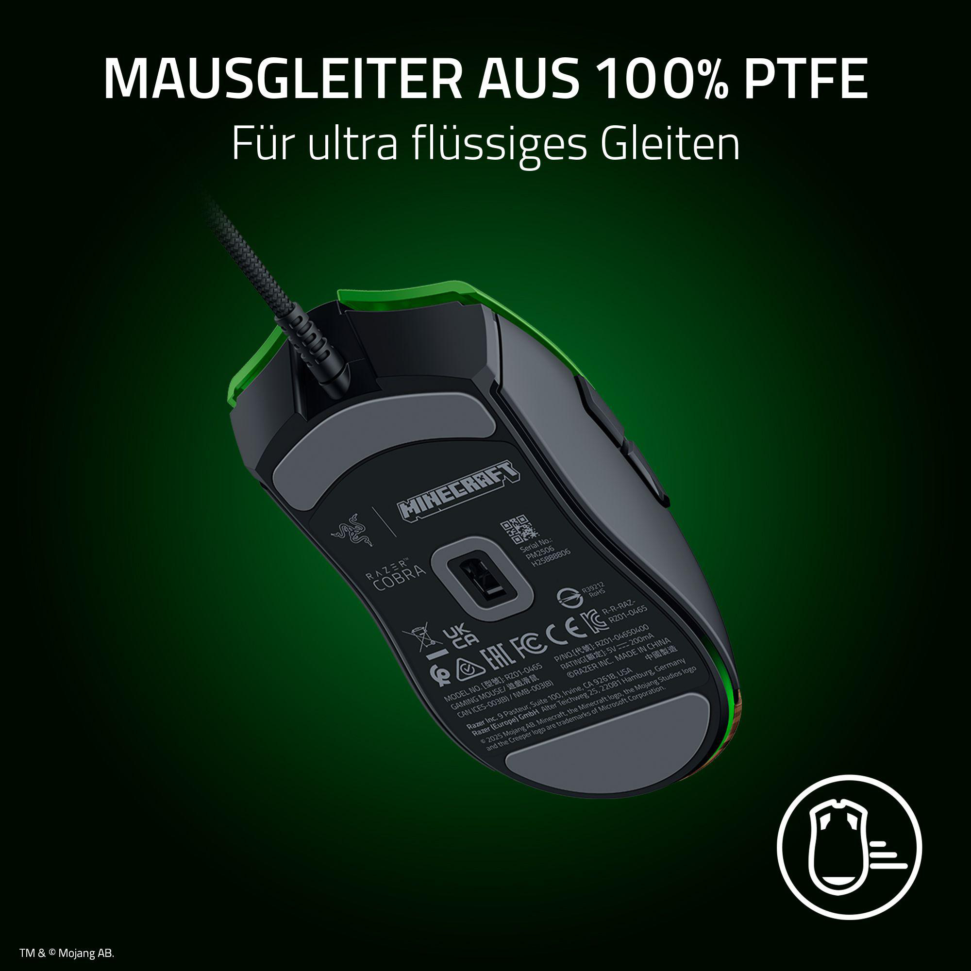 Schwarze Minecraft-Maus mit grünen Akzenten. Sie hat eine strukturierte Oberfläche und ein geflochtenes Kabel.