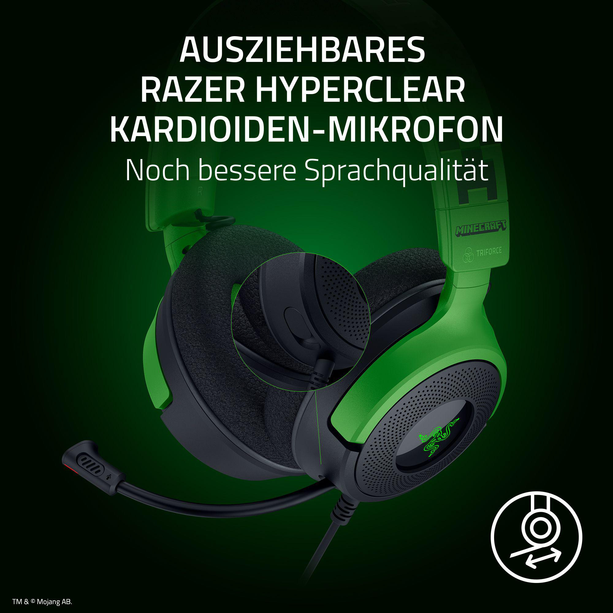 Grünes Razer-Headset mit Minecraft-Branding, Hervorhebung der Mikrofonfunktionen.
