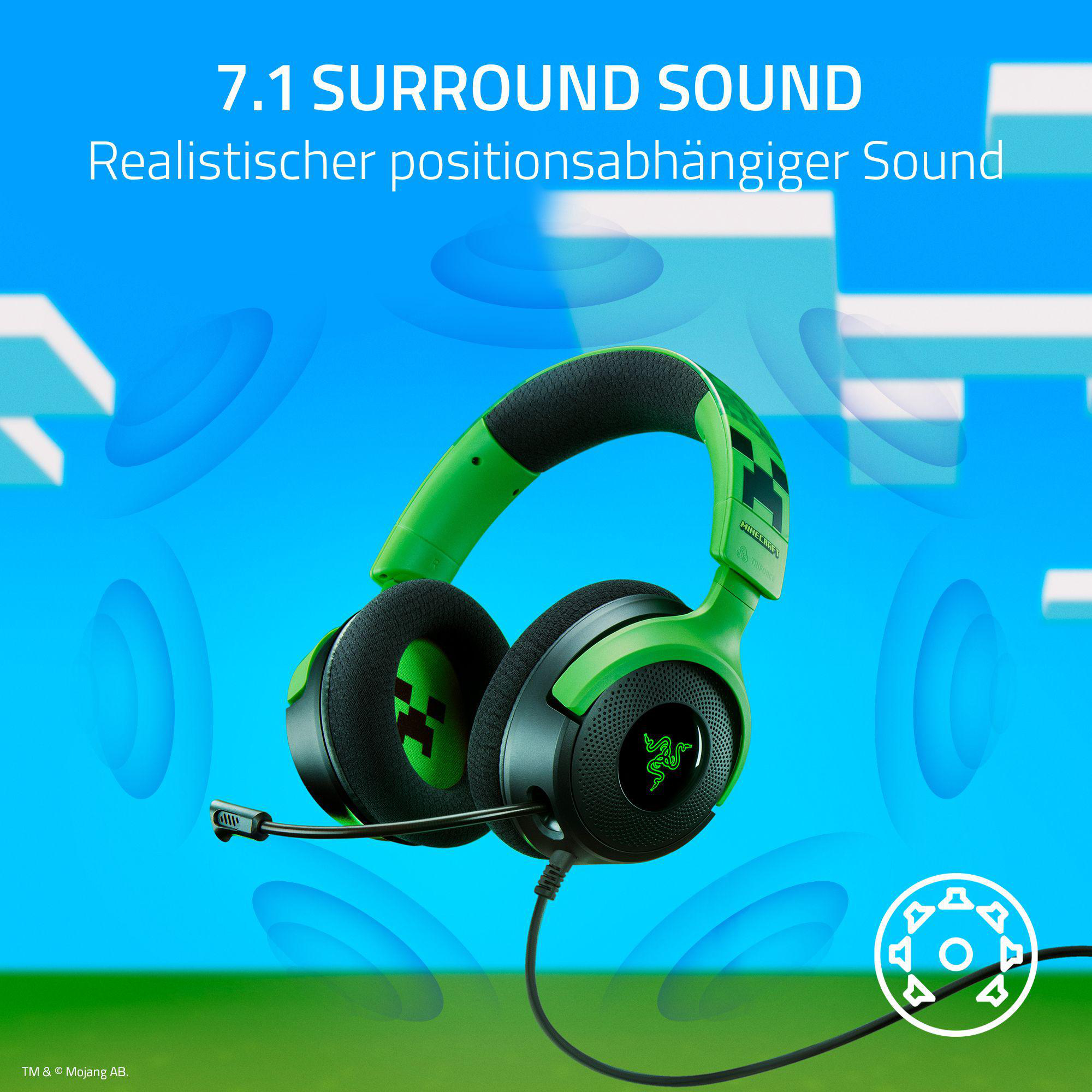 Grün-schwarzer Minecraft-Kopfhörer mit 7.1 Surround Sound Text.