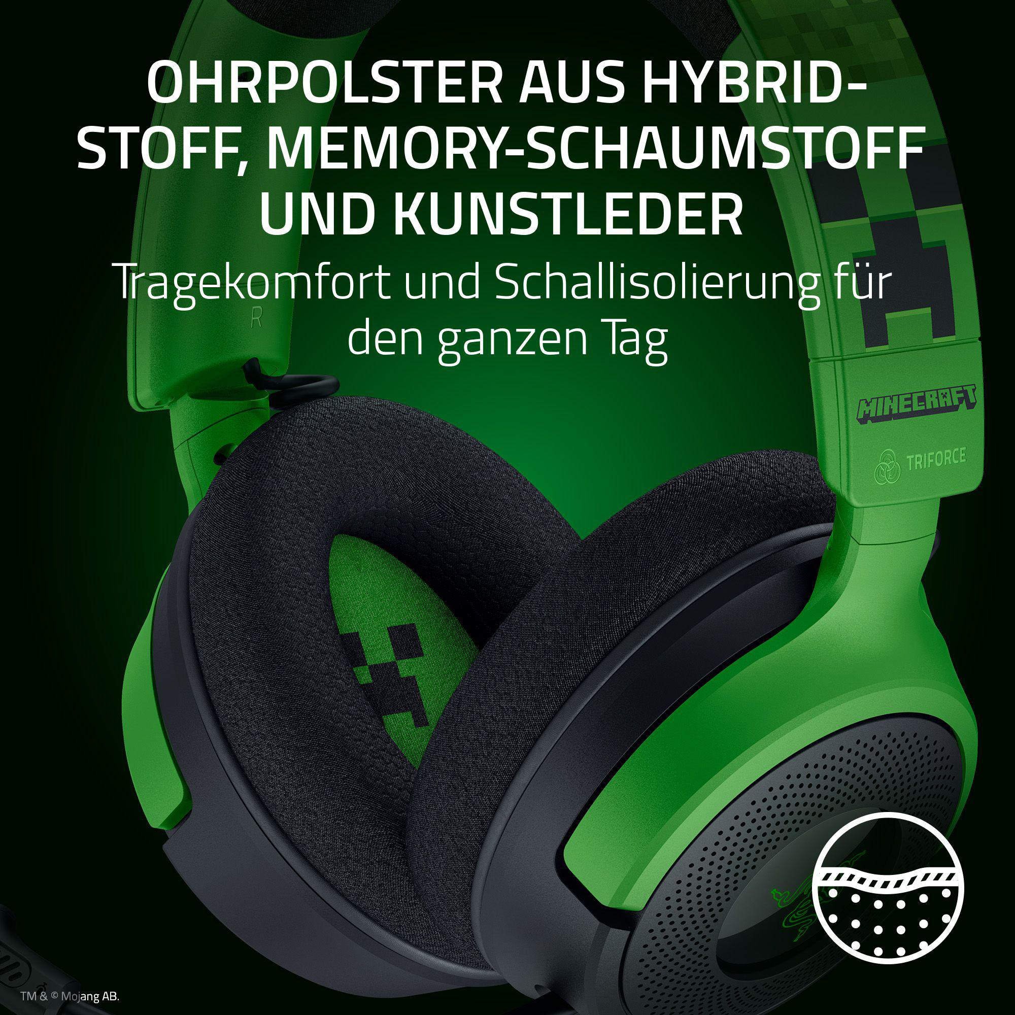 Grünes Razer-Headset mit Minecraft-Branding, Hervorhebung der Ohrmuschel-Merkmale und des Komforts.