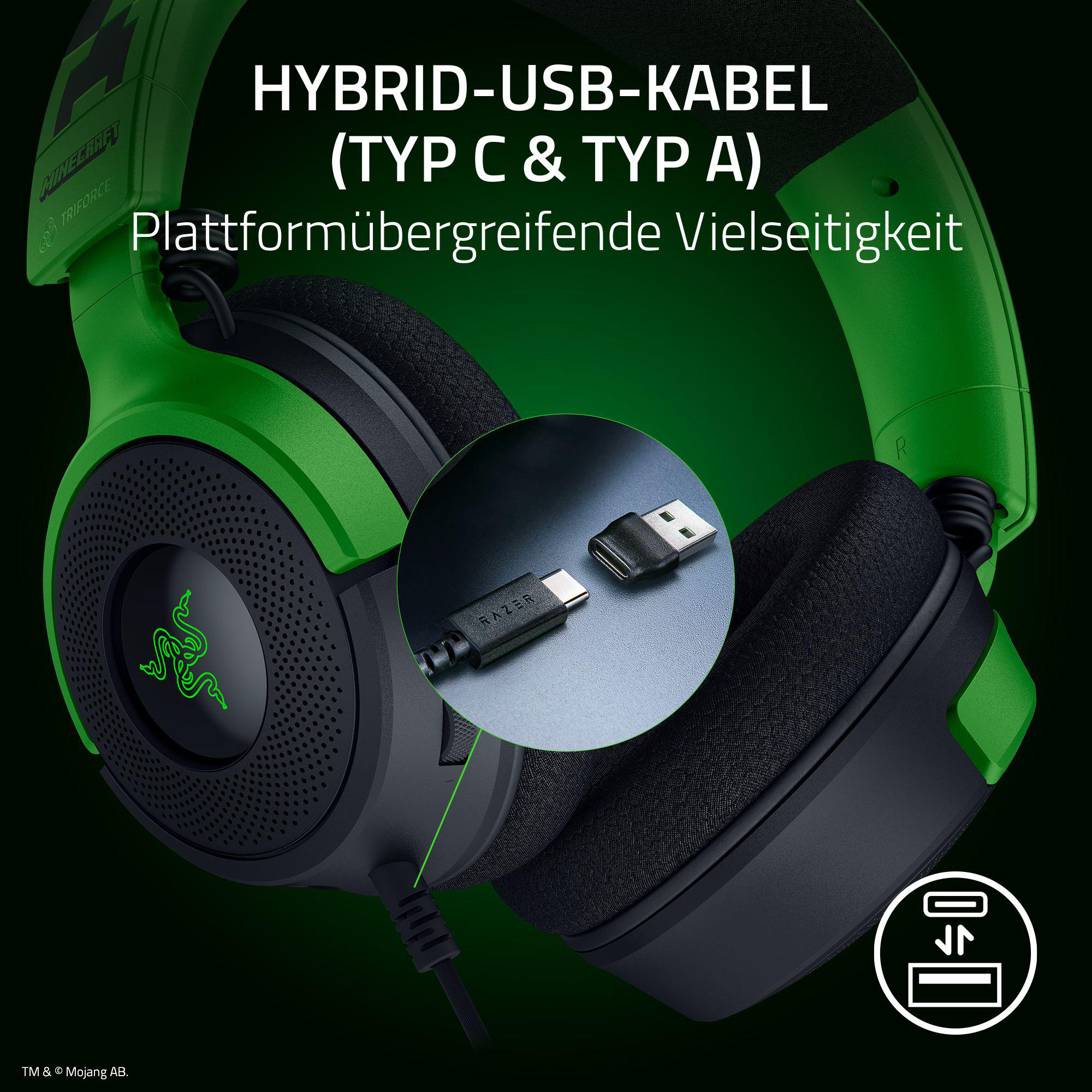 Grünes Razer-Headset mit USB-Kabel und Text zur Vielseitigkeit. Nahaufnahme des Kabels wird gezeigt.