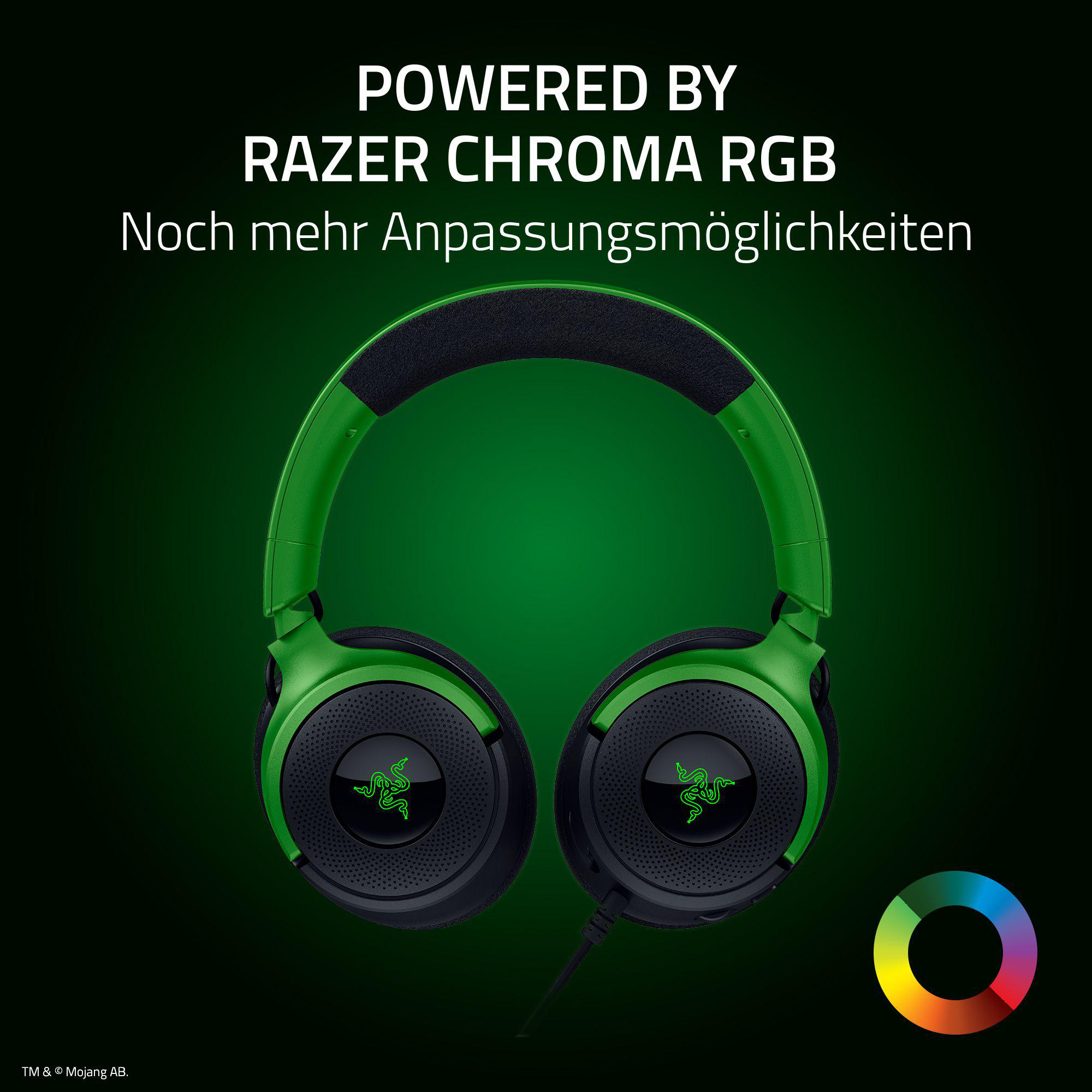 Grüne Kopfhörer mit schwarzen Ohrmuscheln und grünem Razer-Logo. Grüner Hintergrund.