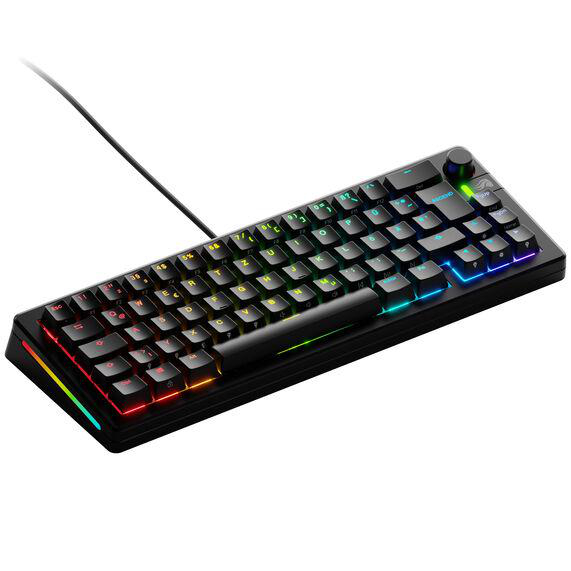 Schwarze Gaming-Tastatur mit regenbogenfarbigen Tasten und Kabel. Weißer Hintergrund.