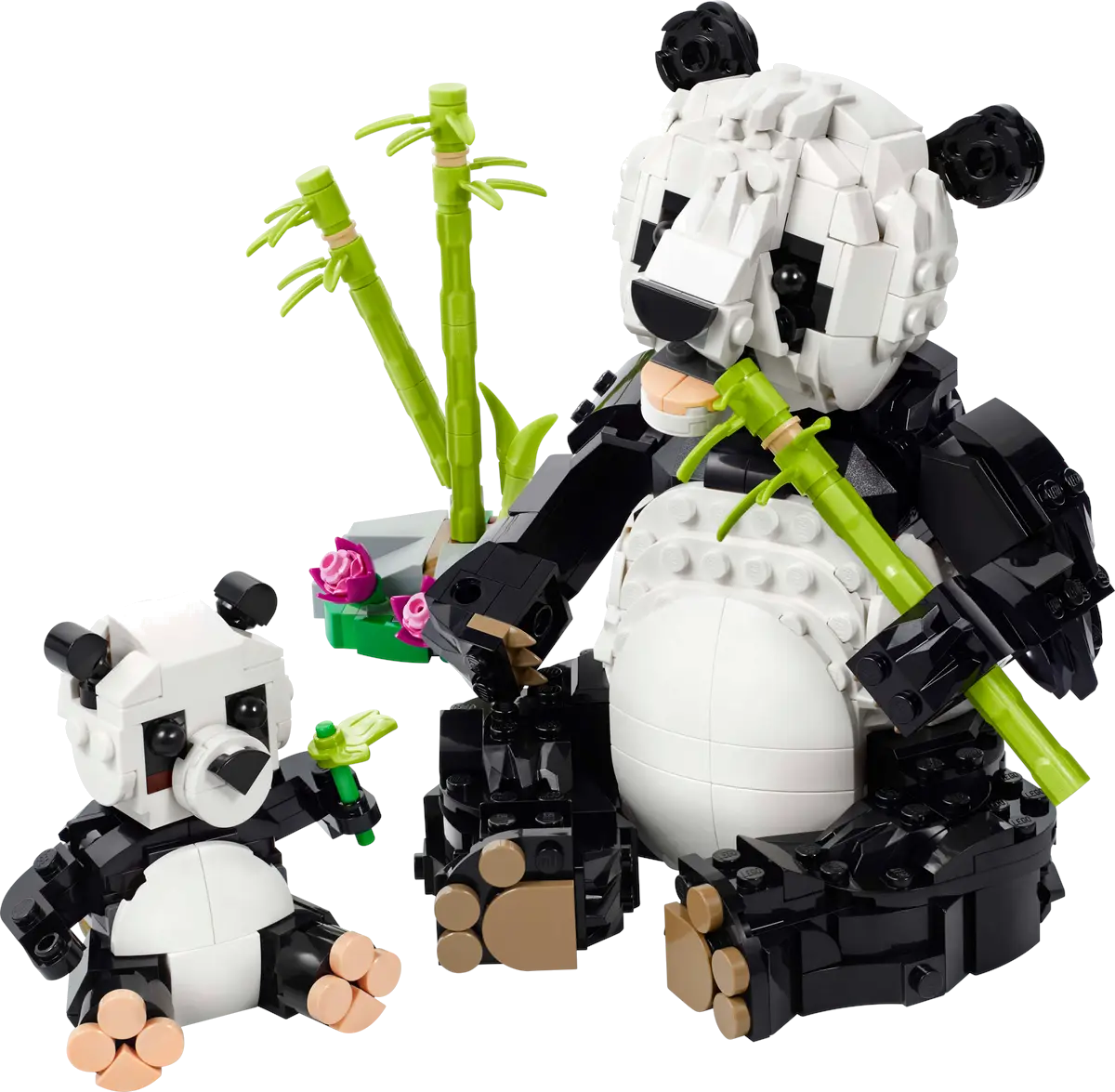 Dwa modele Lego pandy, duża jedząca bambus i mała trzymająca bambus.