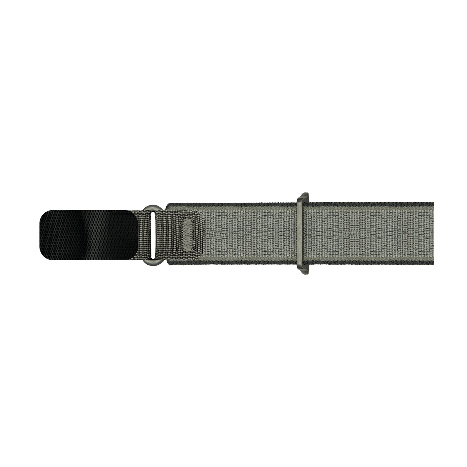 Cinturino grigio con fibbia nera, anelli metallici e fascia in tessuto grigio.