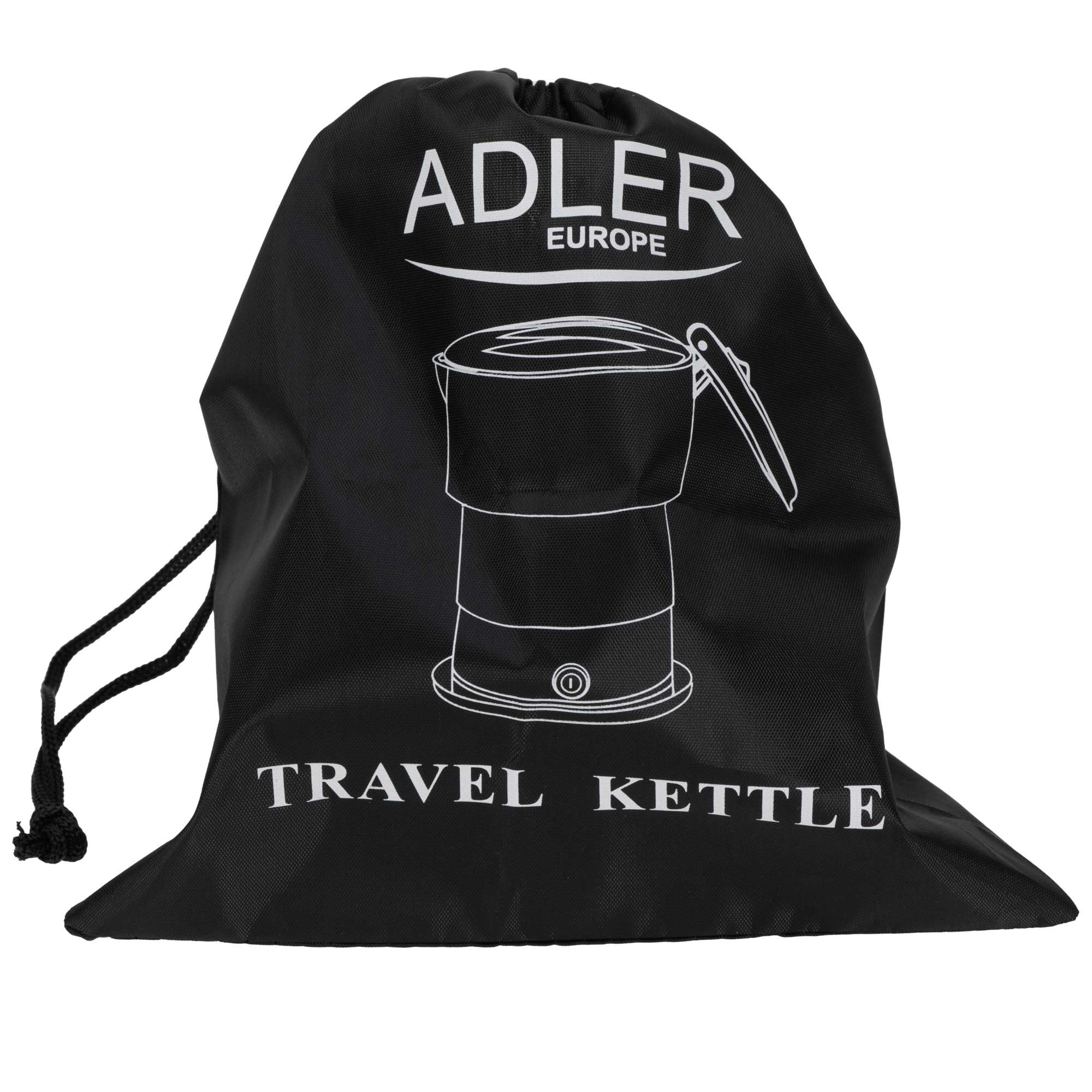 Fekete zsák zsinórral, fehér szöveggel és vízforraló illusztrációval. Travel Kettle felirat.