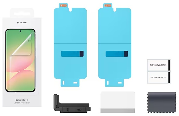 Zestaw ochraniacza ekranu z telefonem, foliami, narzędziami do czyszczenia i instrukcjami na białym tle.