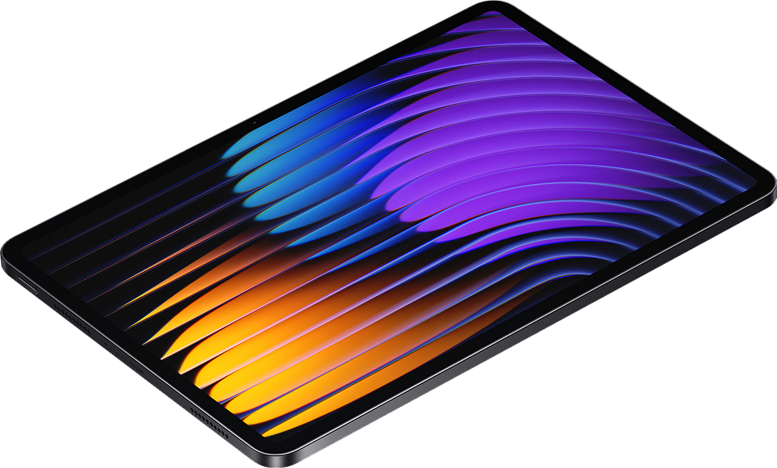 Tablet színes képernyővel, lila, kék és narancs gradienssel.