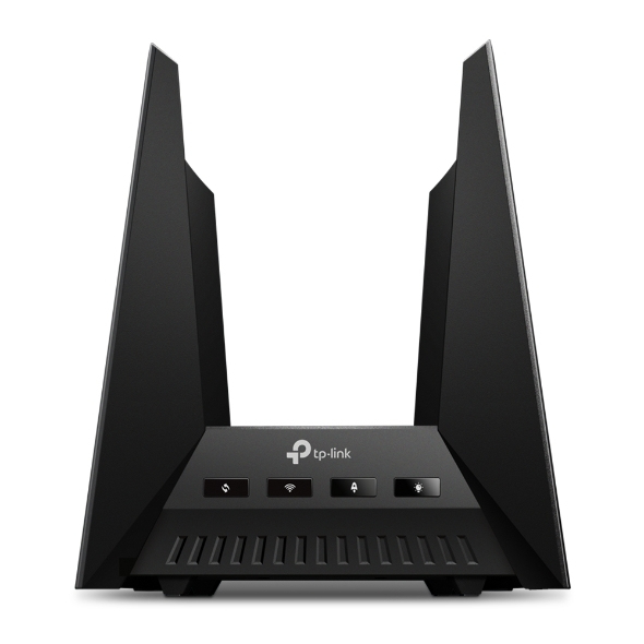 Ein schwarzer tp-link Router mit Antennen und Statusanzeigen.