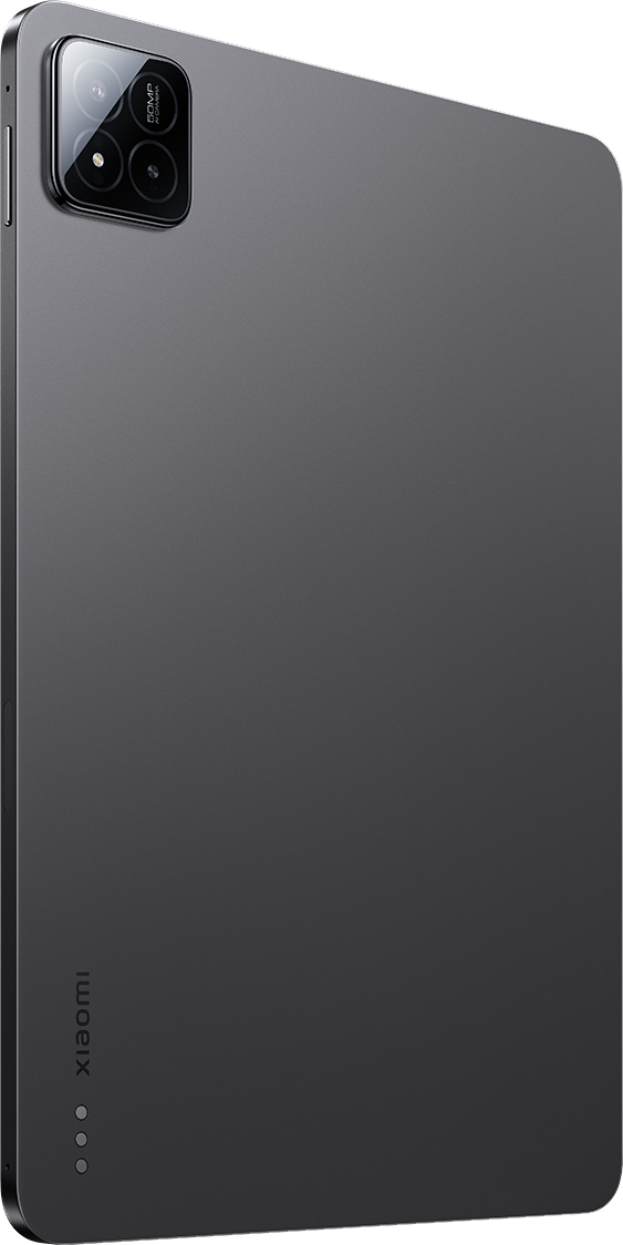 Sötétszürke tablet, szögletes nézet. Három hátsó kamerával és a Xiaomi logóval.