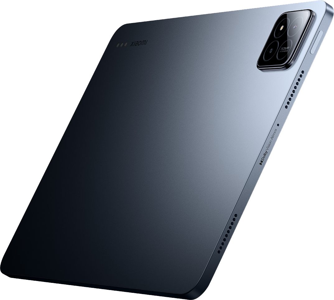 Kék-szürke táblagép, hátulnézet, kameramodullal és Xiaomi logóval. Elegáns kialakítású.
