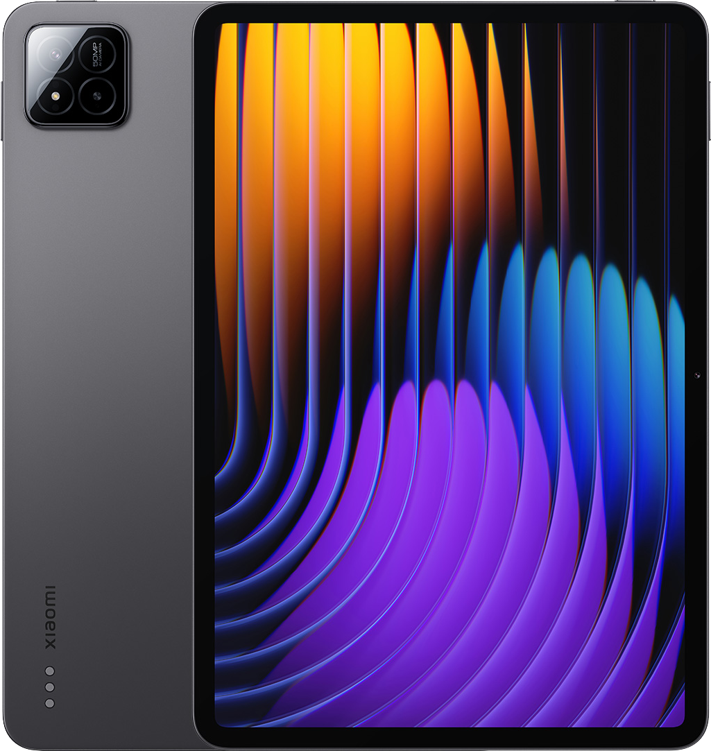 Xiaomi tablet, a hátoldalon kamerákkal, az előlapon színes formákkal.