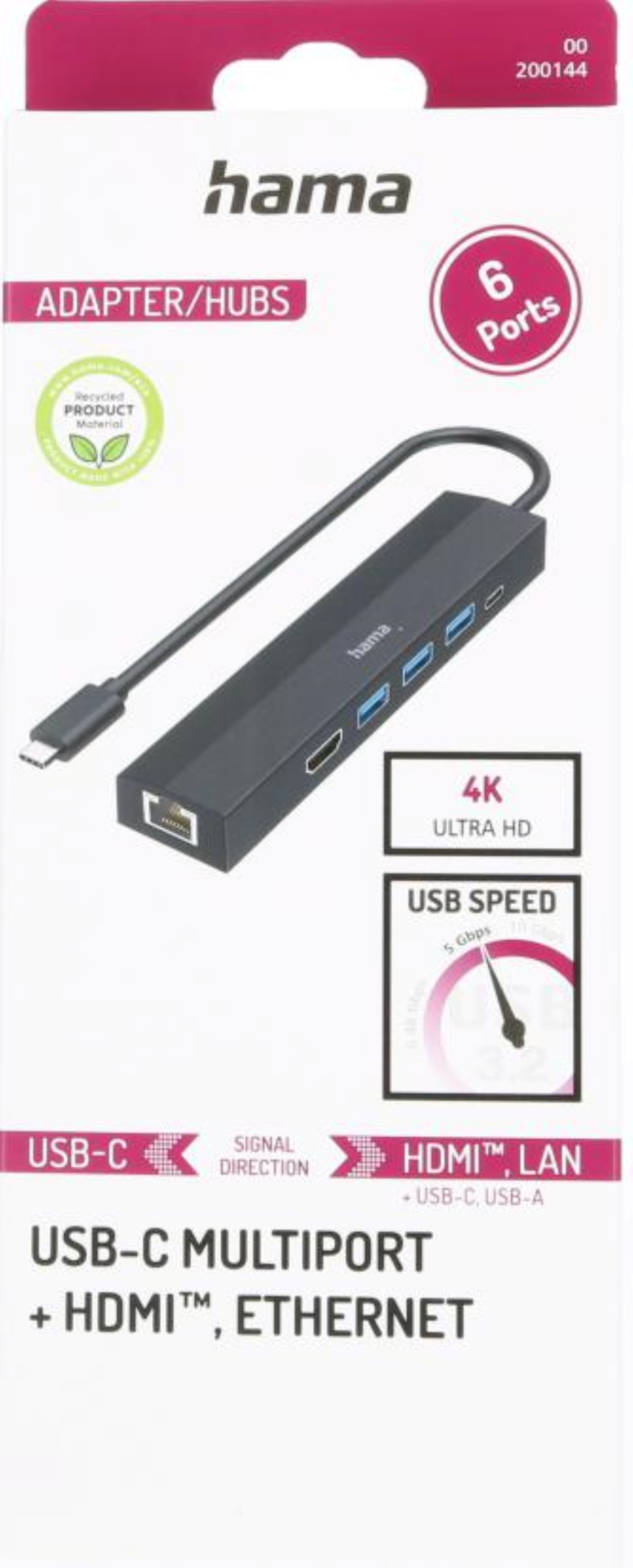 Hama USB-C çoklu bağlantı noktası adaptörü/hub, bağlantı noktaları, kablo ve ambalaj ile.