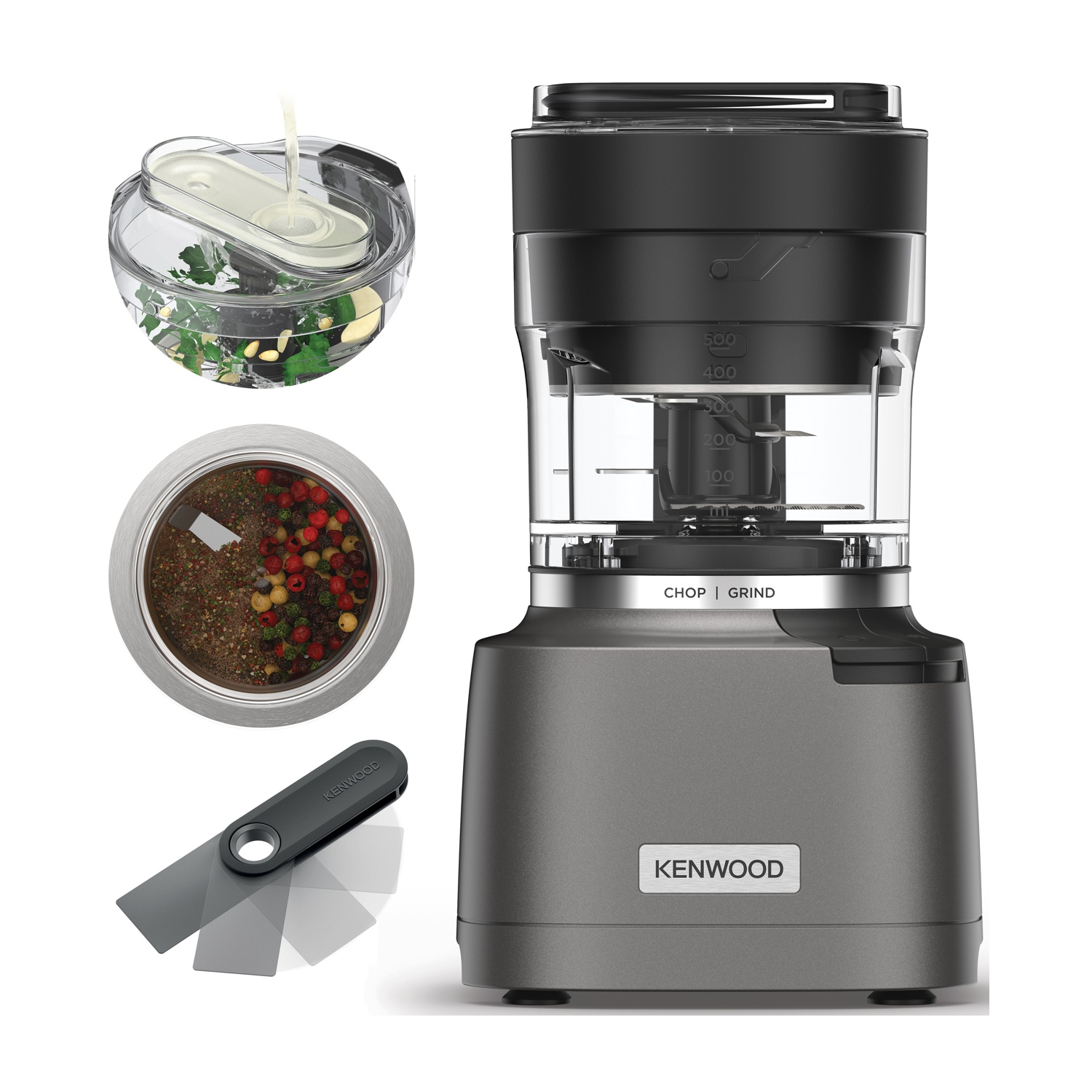 Un robot da cucina con ingredienti in ciotole e un raschietto grigio. Dice 'CHOP | GRIND' e 'KENWOOD'.