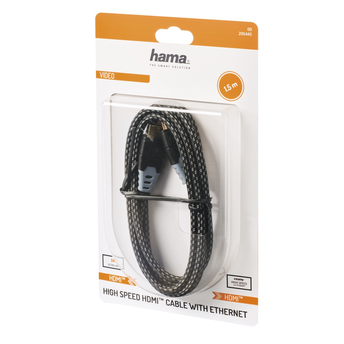 Hama HDMI kablosu. Siyah ve gri kablo, beyaz ve turuncu ambalaj ile.