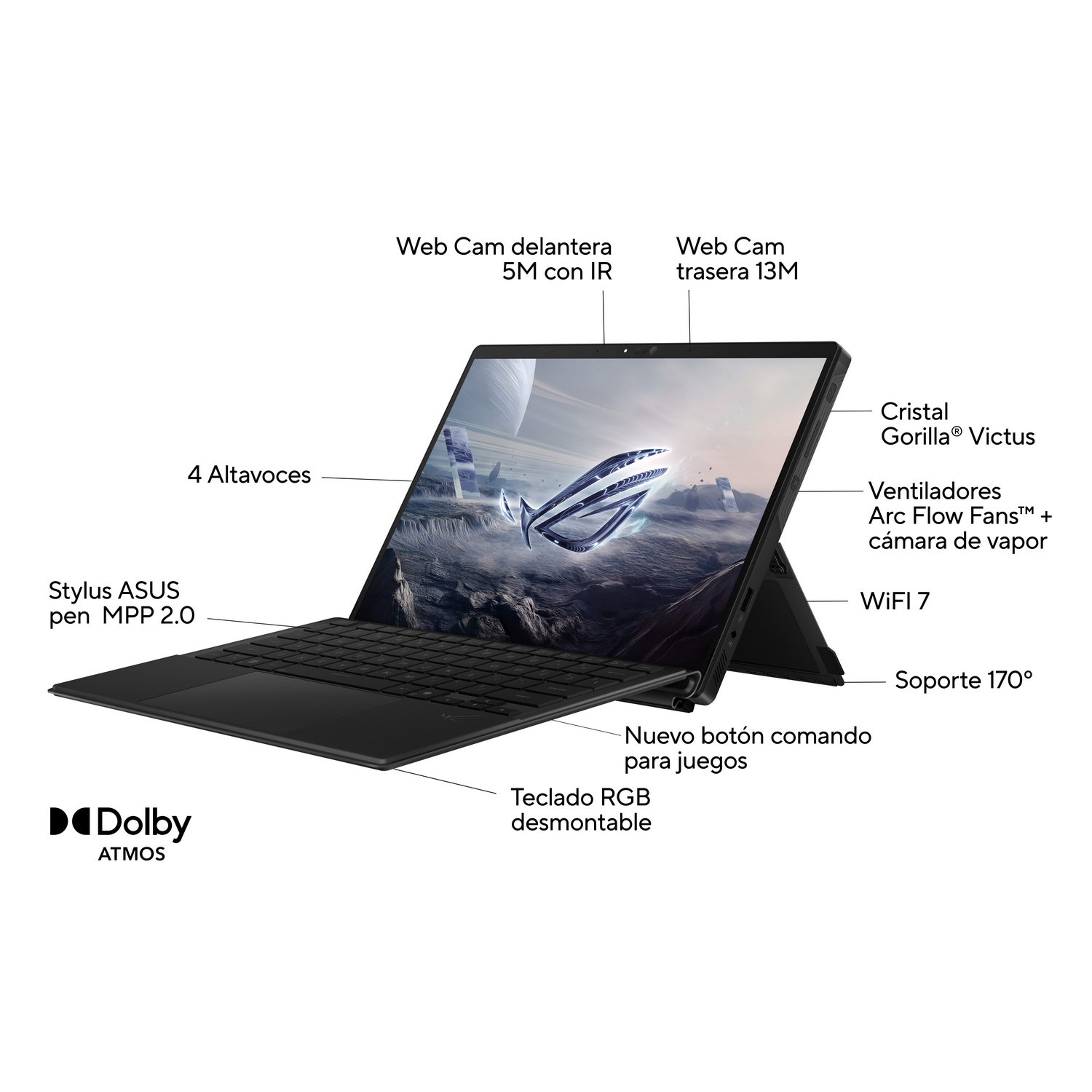 Un portátil negro con teclado desmontable, abierto, mostrando un juego.
