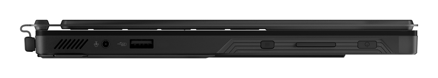 Vista lateral de una laptop negra, que muestra puertos y una bisagra.