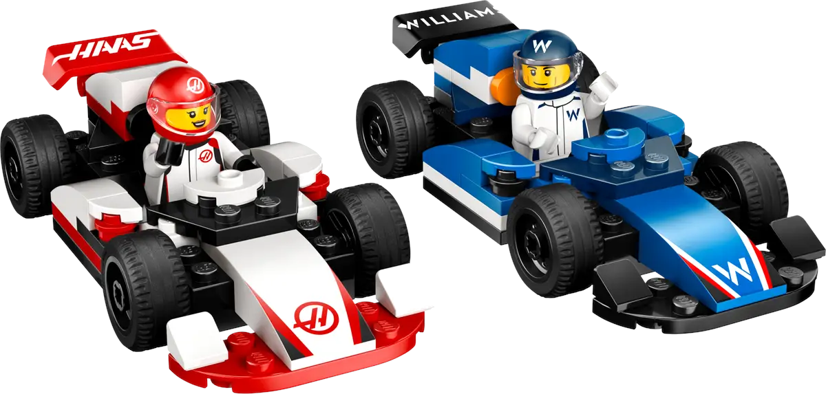 Dwa samochody wyścigowe Lego z kierowcami.