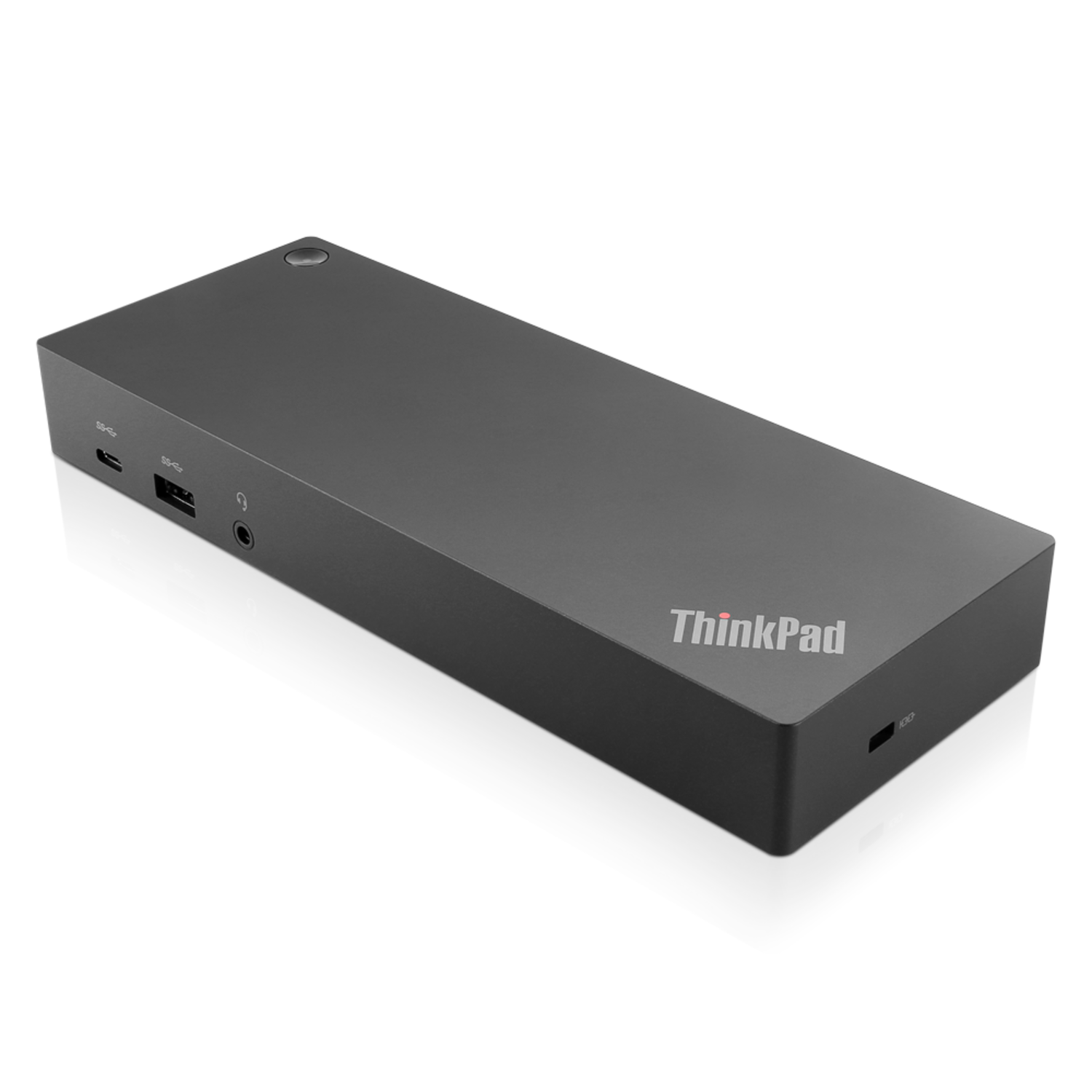 A black ThinkPad docking station, stacked in two layers. Ports and the ThinkPad logo are visible.