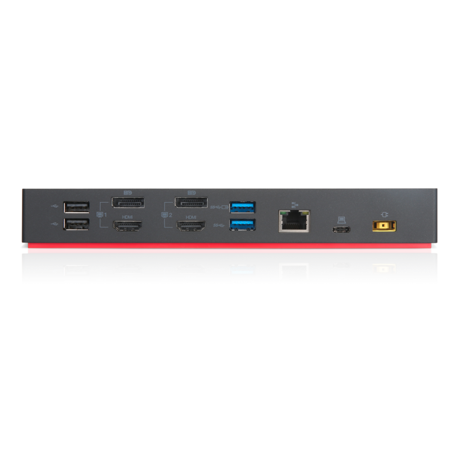 Two stacked docking stations with ports. They have USB, HDMI, Ethernet, and power ports, with a red stripe.