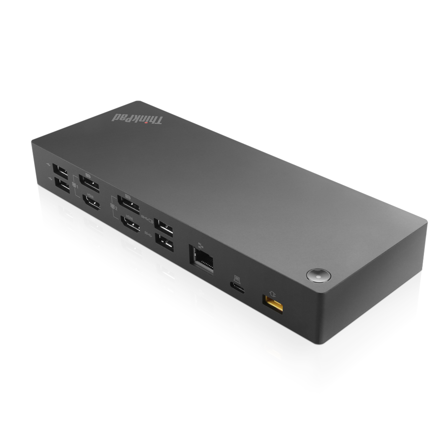 A black ThinkPad docking station with multiple ports. Two stacked units are visible, featuring HDMI, USB, and power ports.