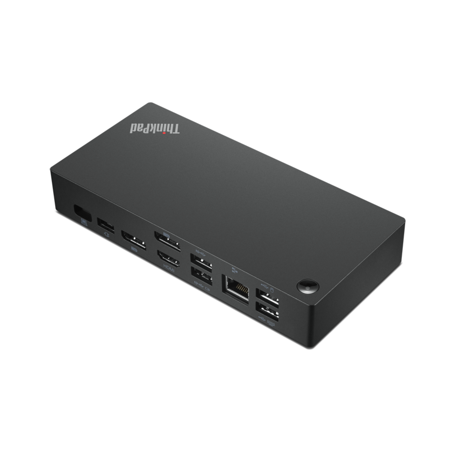 A black ThinkPad docking station with multiple ports, seen from an angle.